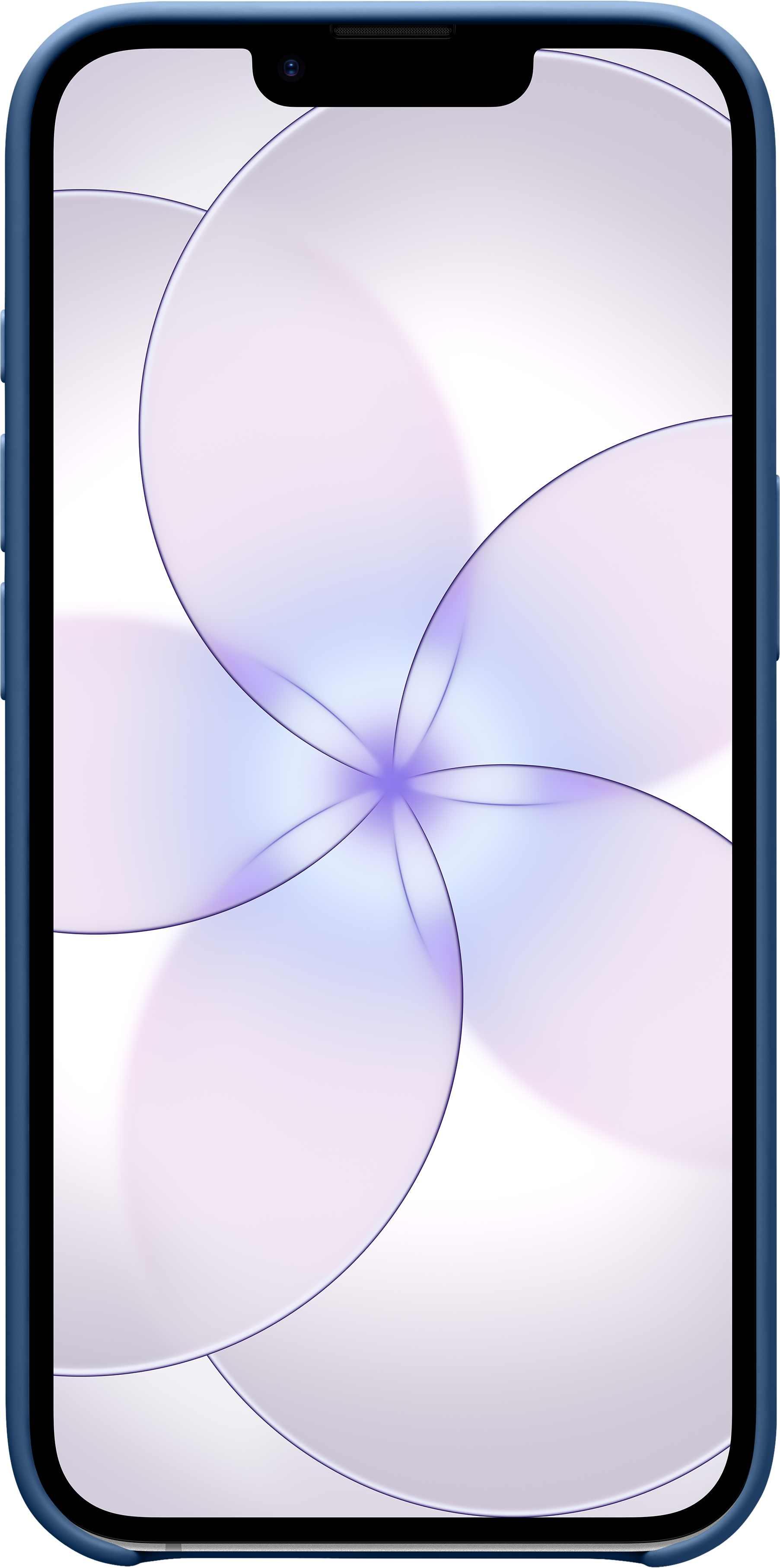 Smartphone bleu affichant un motif floral abstrait violet à l'écran.