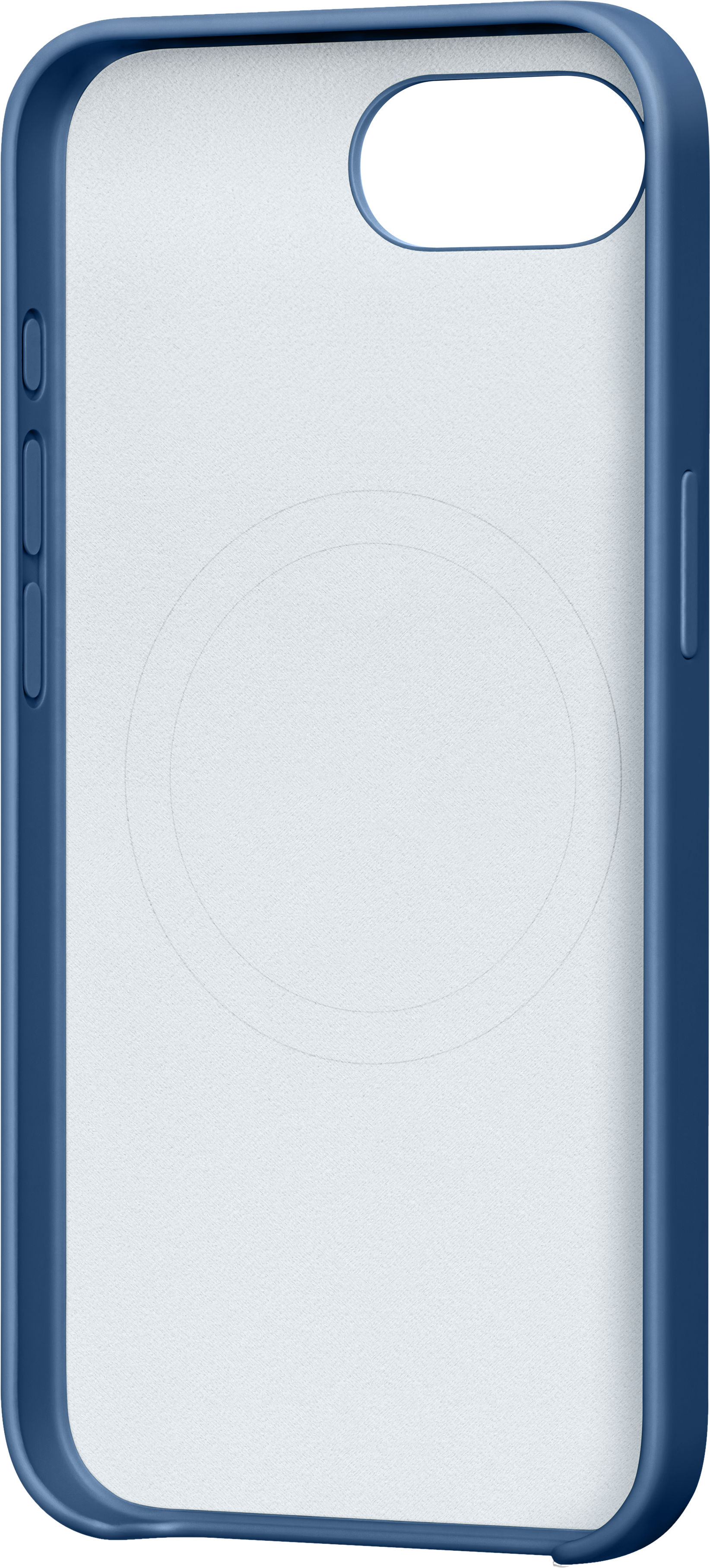 Coque de téléphone bleue avec dos texturé blanc et motif circulaire.
