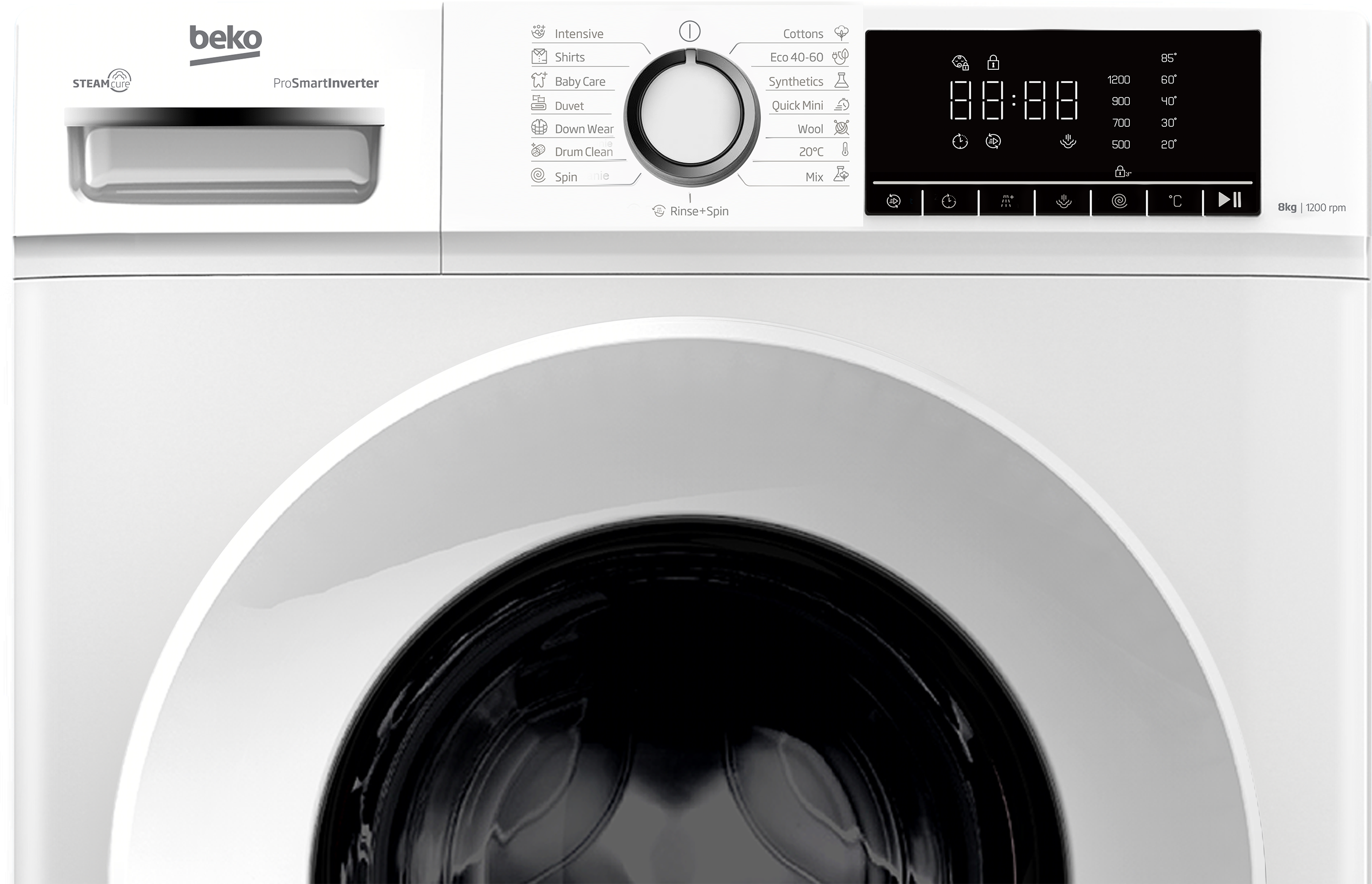 Egy fehér Beko mosógép digitális kijelzővel és programválasztással.