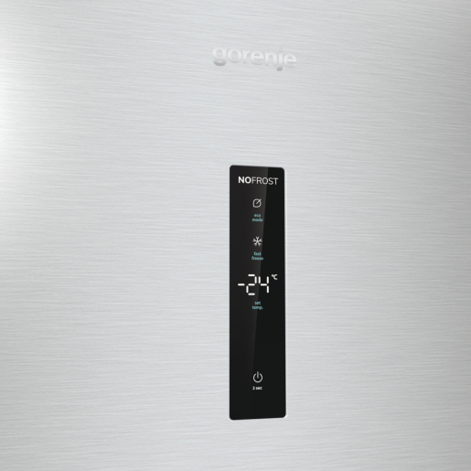 Gorenje logó digitális kijelző felett, -24°C, Eco mód és Fast Freeze.