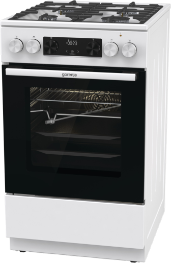 Fehér gáztűzhely fekete üvegajtóval és Gorenje logóval.