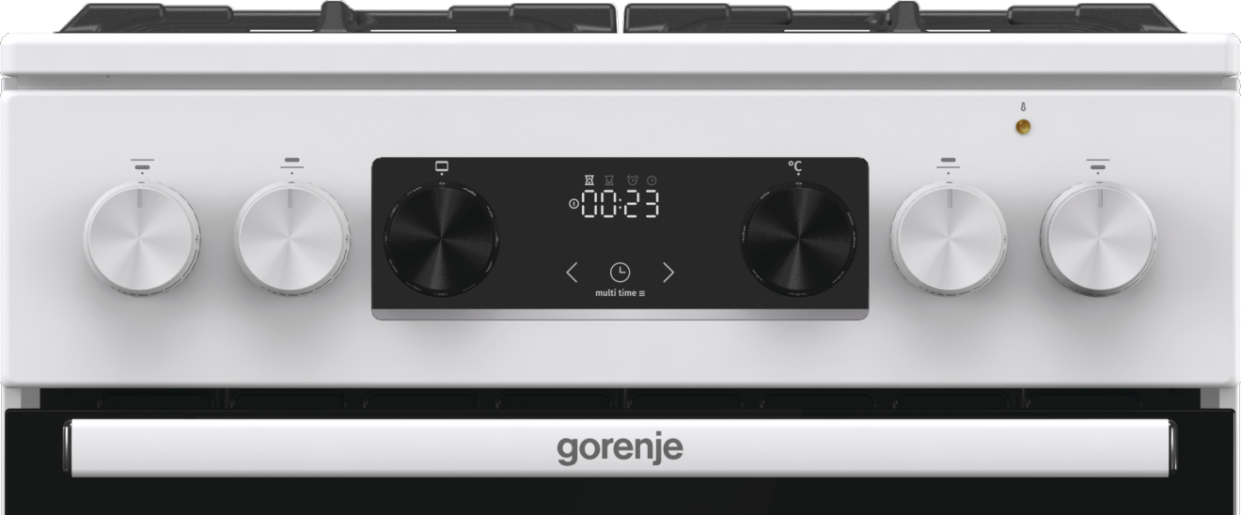 Fehér sütő, érintőképernyővel és forgatógombokkal. Gorenje logó alul.