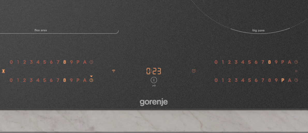 Gorenje indukciós főzőlap digitális kezelőfelülettel és zónajelzőkkel.