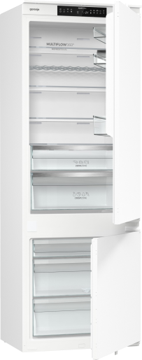 Fehér Gorenje hűtőszekrény nyitott ajtókkal, üres polcokkal és fiókokkal.