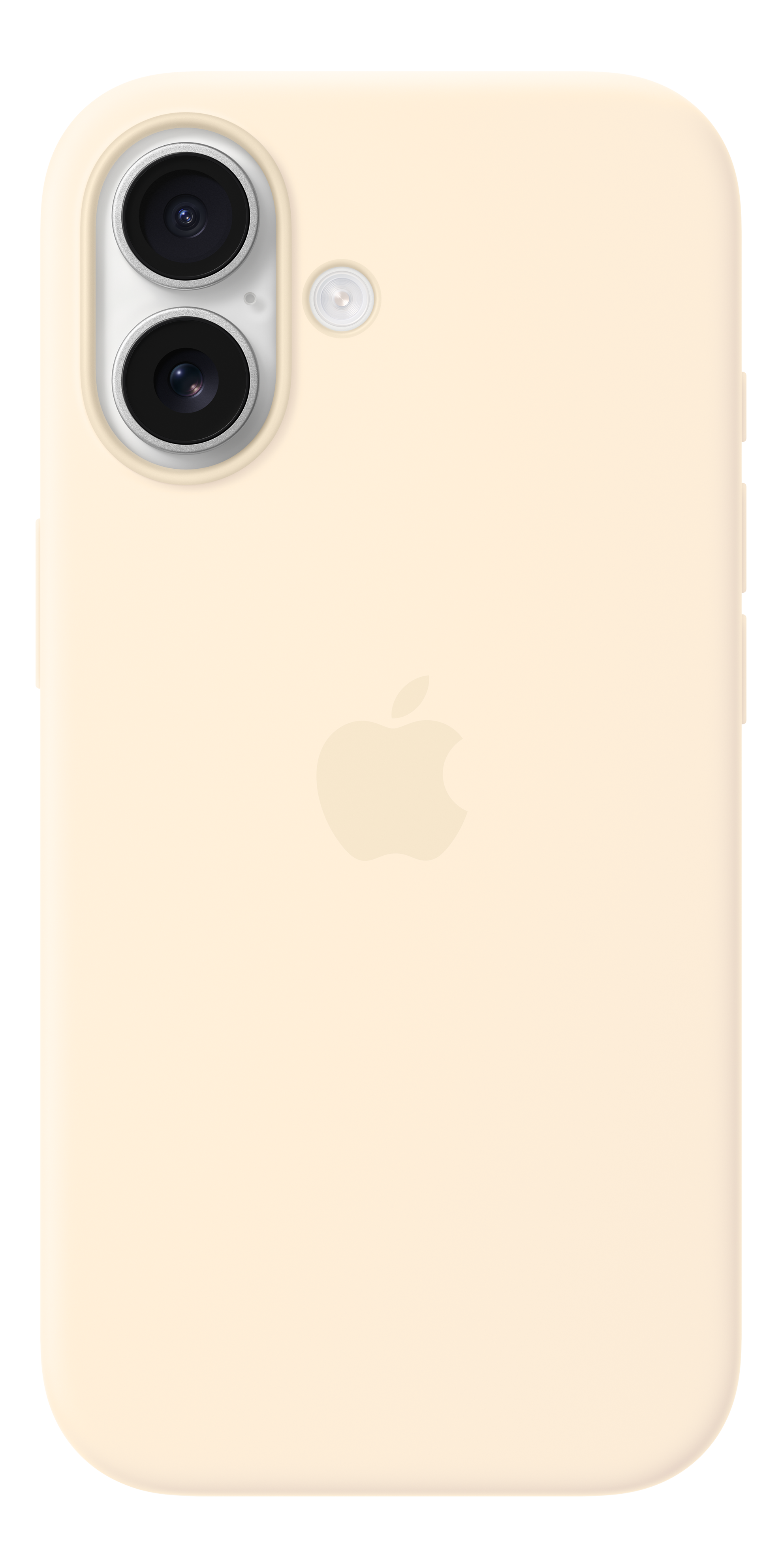 Custodia iPhone beige chiaro con due fotocamere e flash.