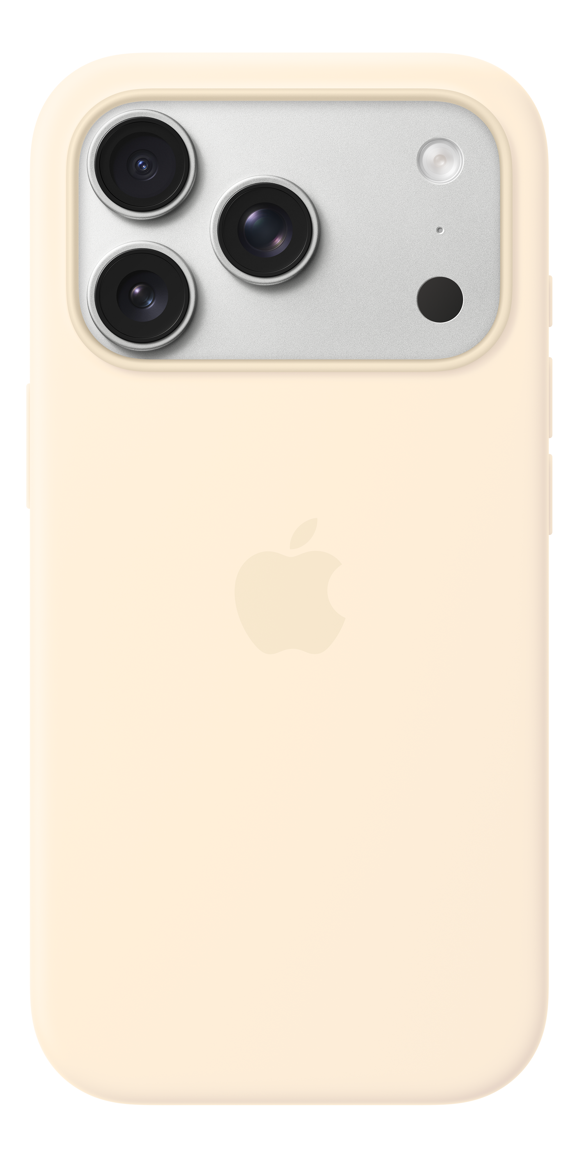 Retro di un iPhone beige chiaro con tre obiettivi e logo Apple.