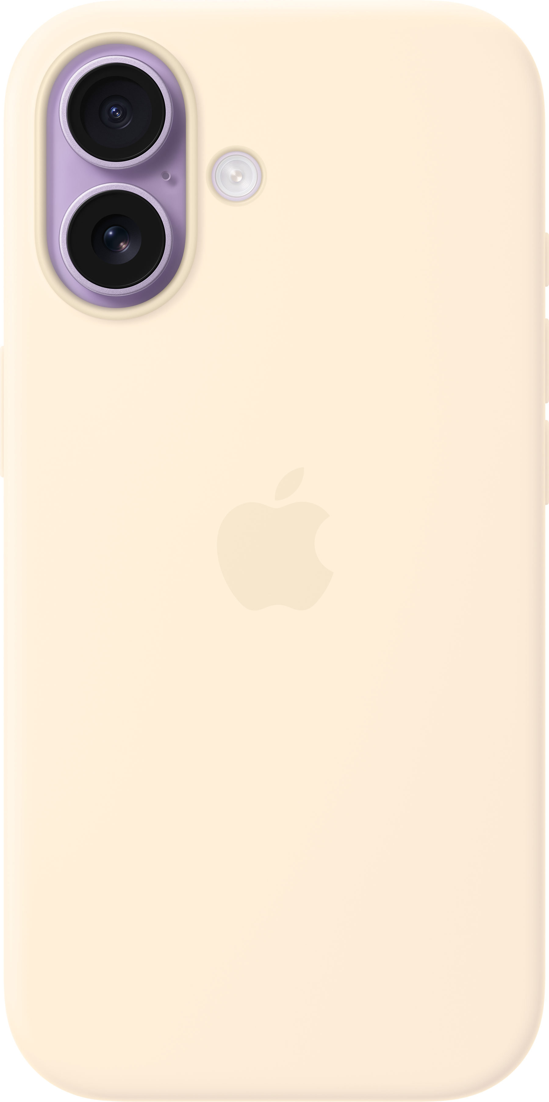 Custodia iPhone giallo chiaro con logo Apple e foro fotocamera viola.