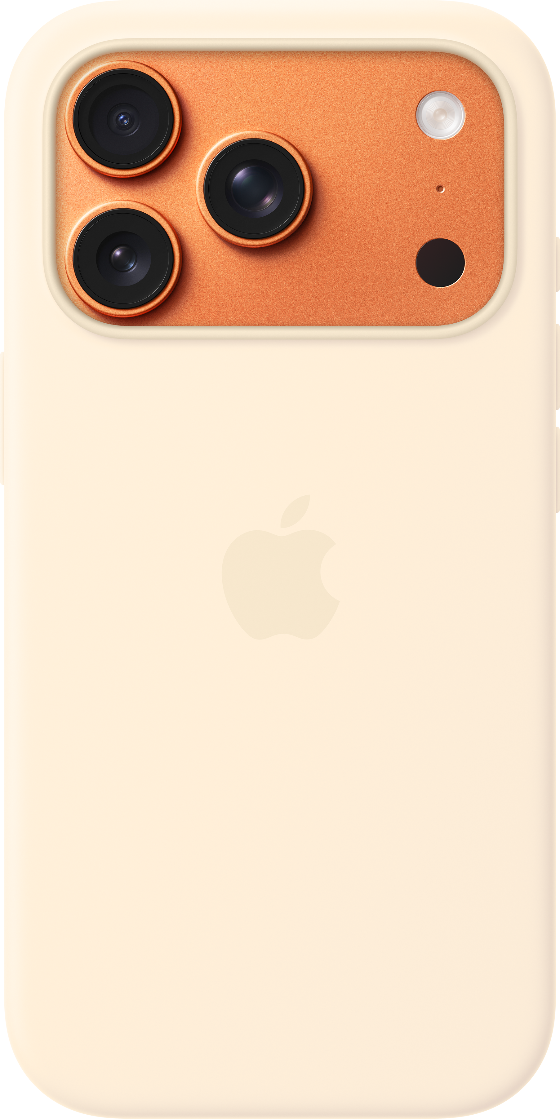 Retro di un iPhone beige chiaro con tre fotocamere, flash e logo Apple.