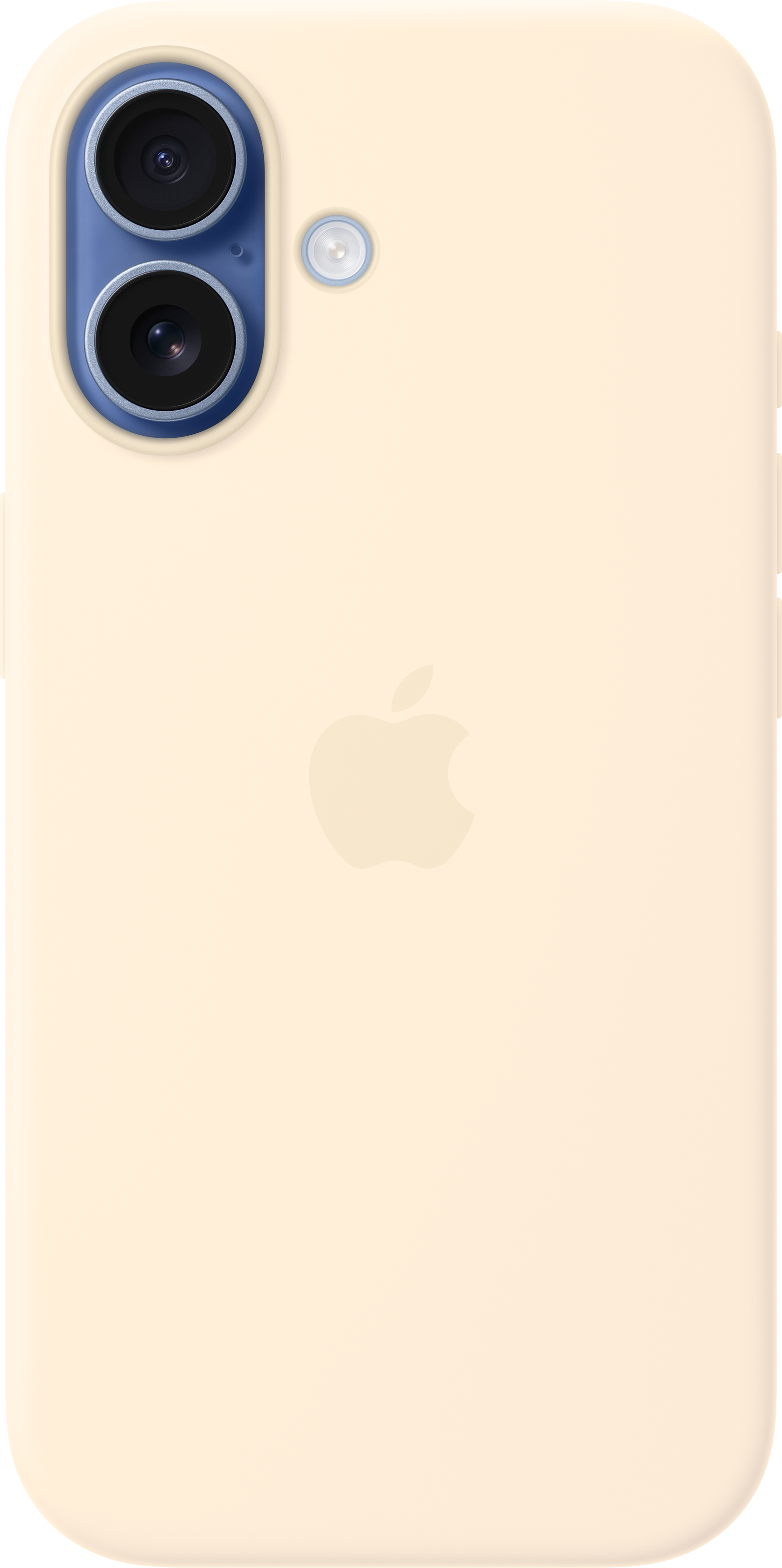 Una cover iPhone beige chiaro con logo Apple e isola fotocamera blu.