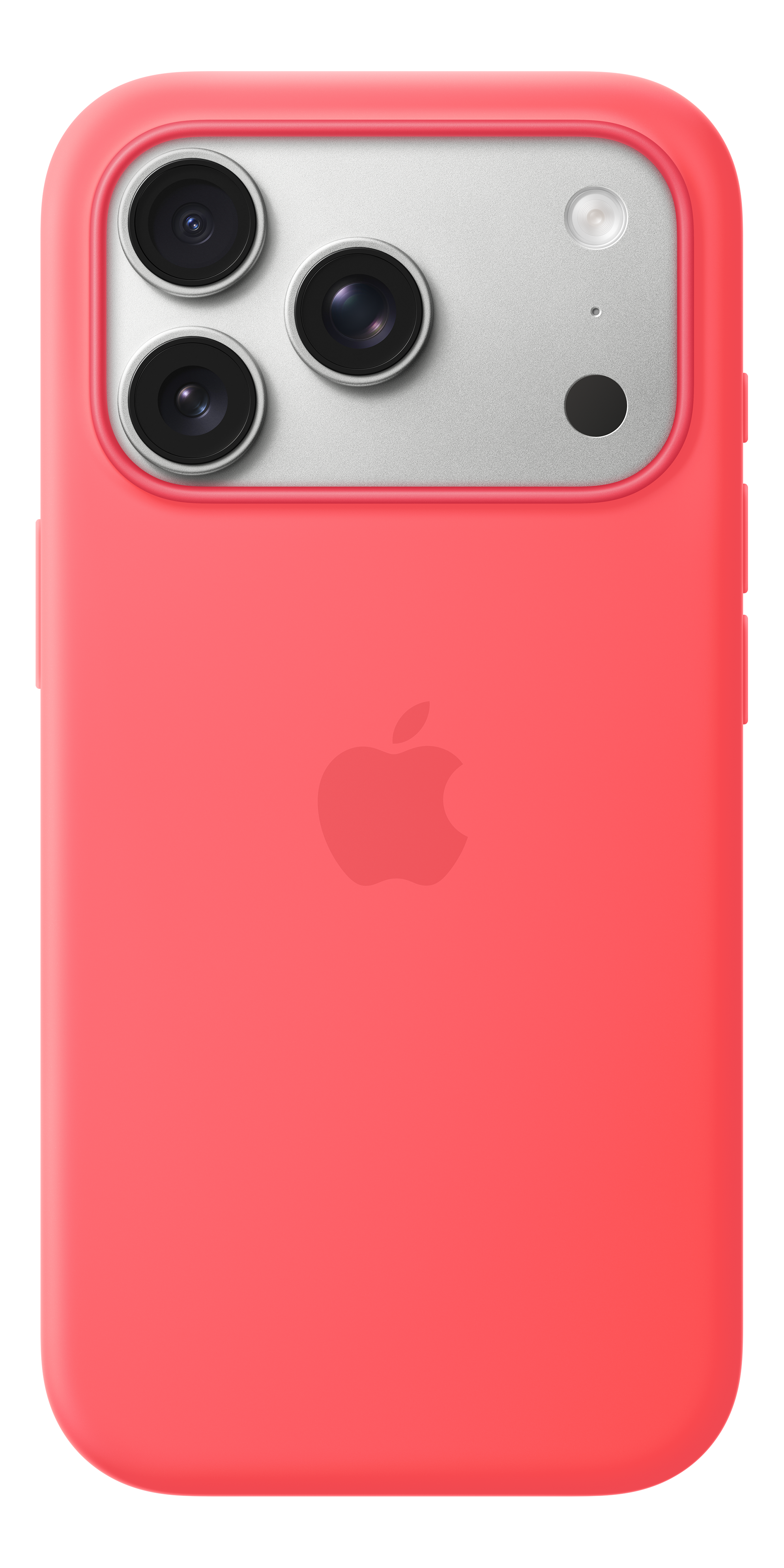 Custodia rossa per iPhone con tre obiettivi e flash.