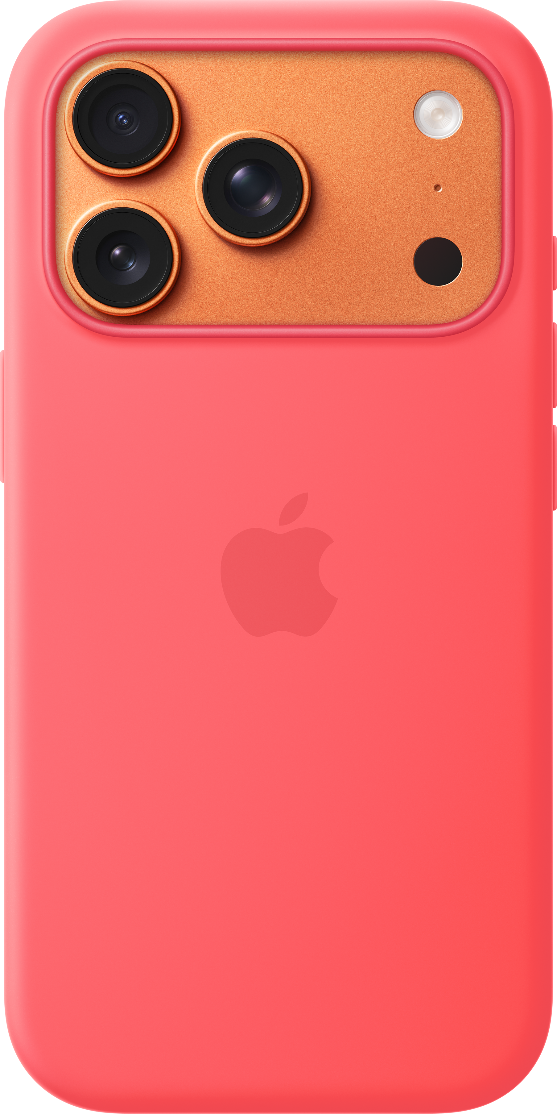 Retro di un iPhone rosso con tre fotocamere e logo Apple.