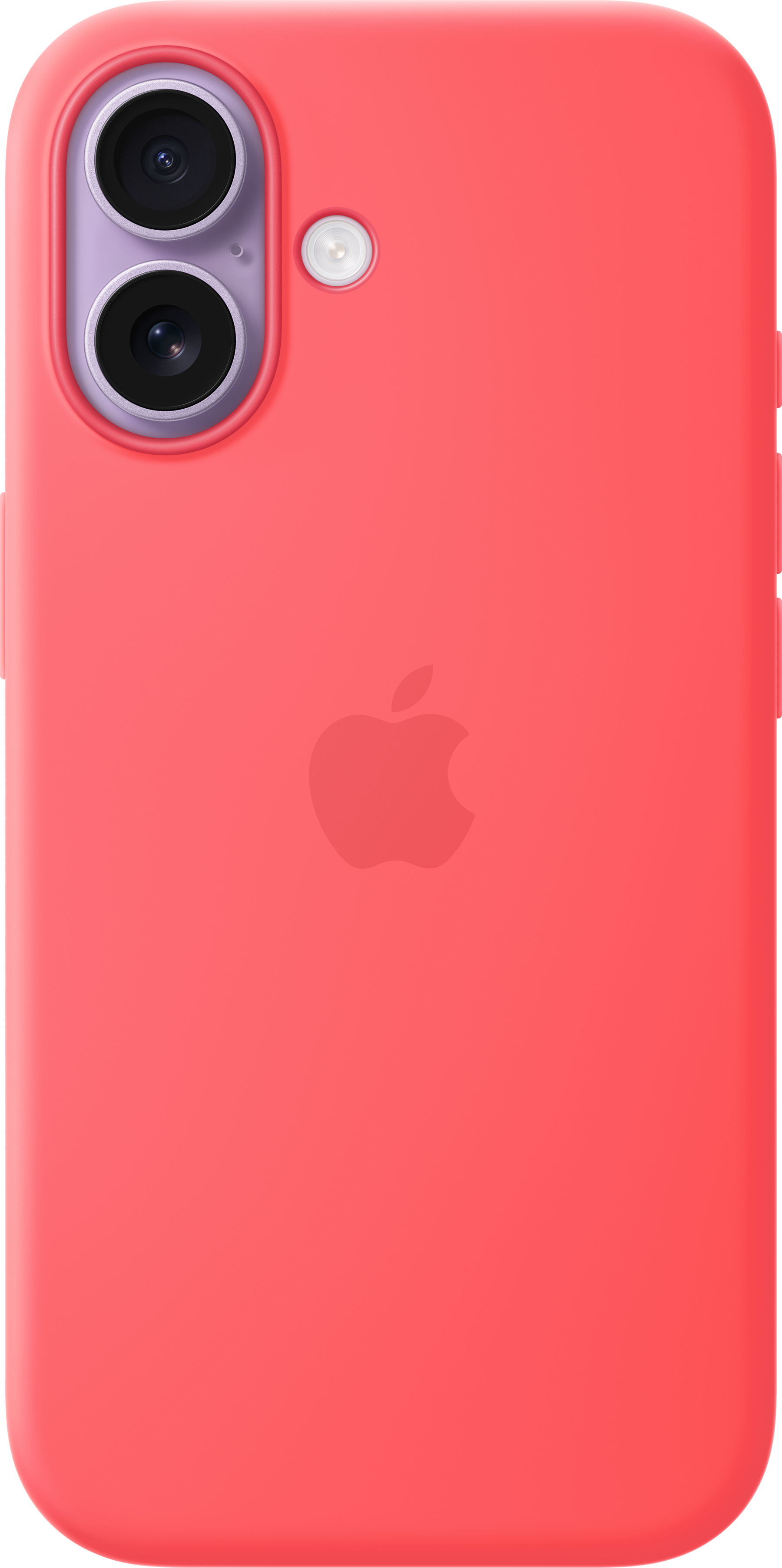 Cover rossa per telefono con logo Apple e doppio foro fotocamera.