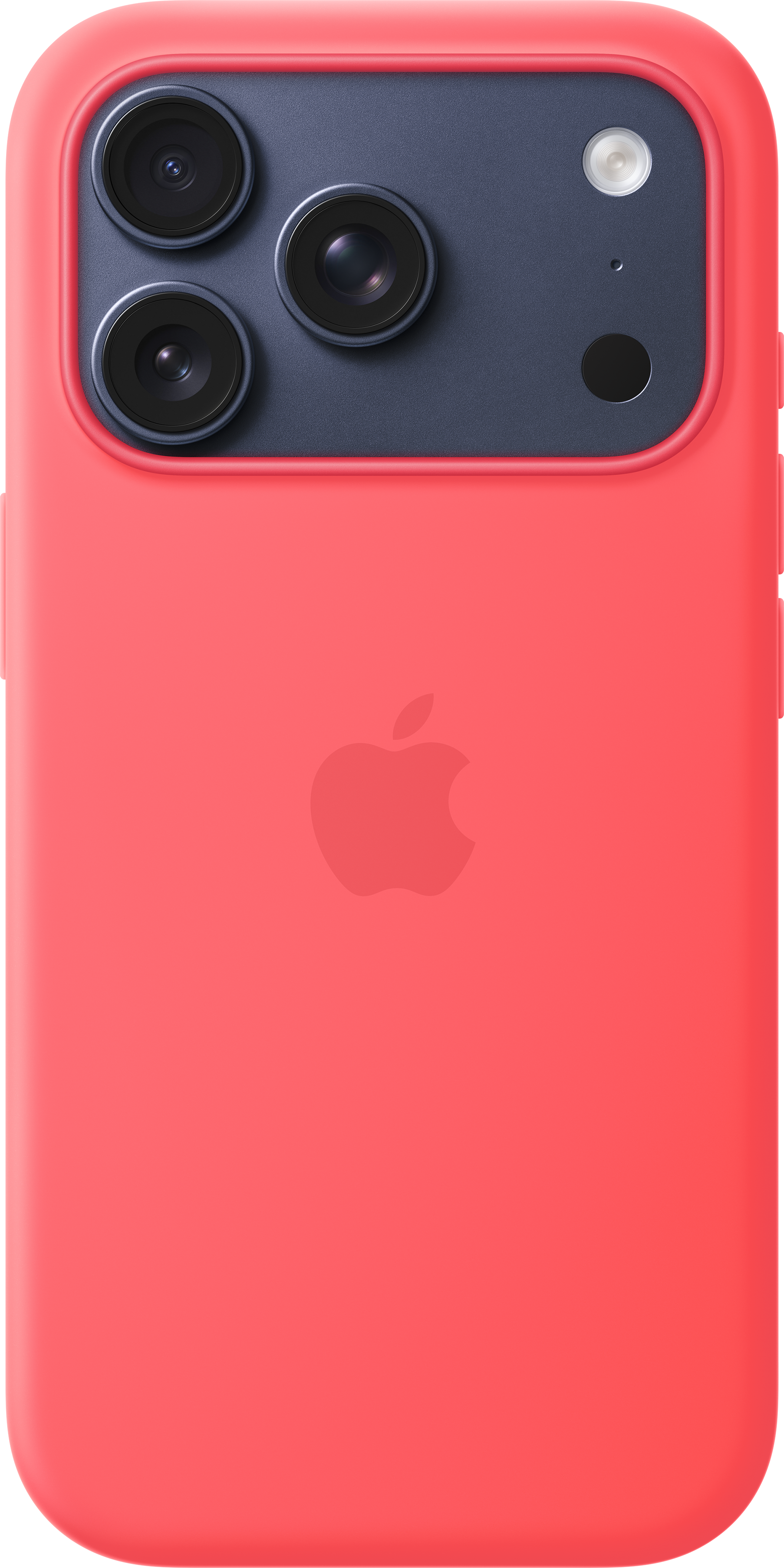 Custodia rossa per iPhone con tripla fotocamera e logo Apple.
