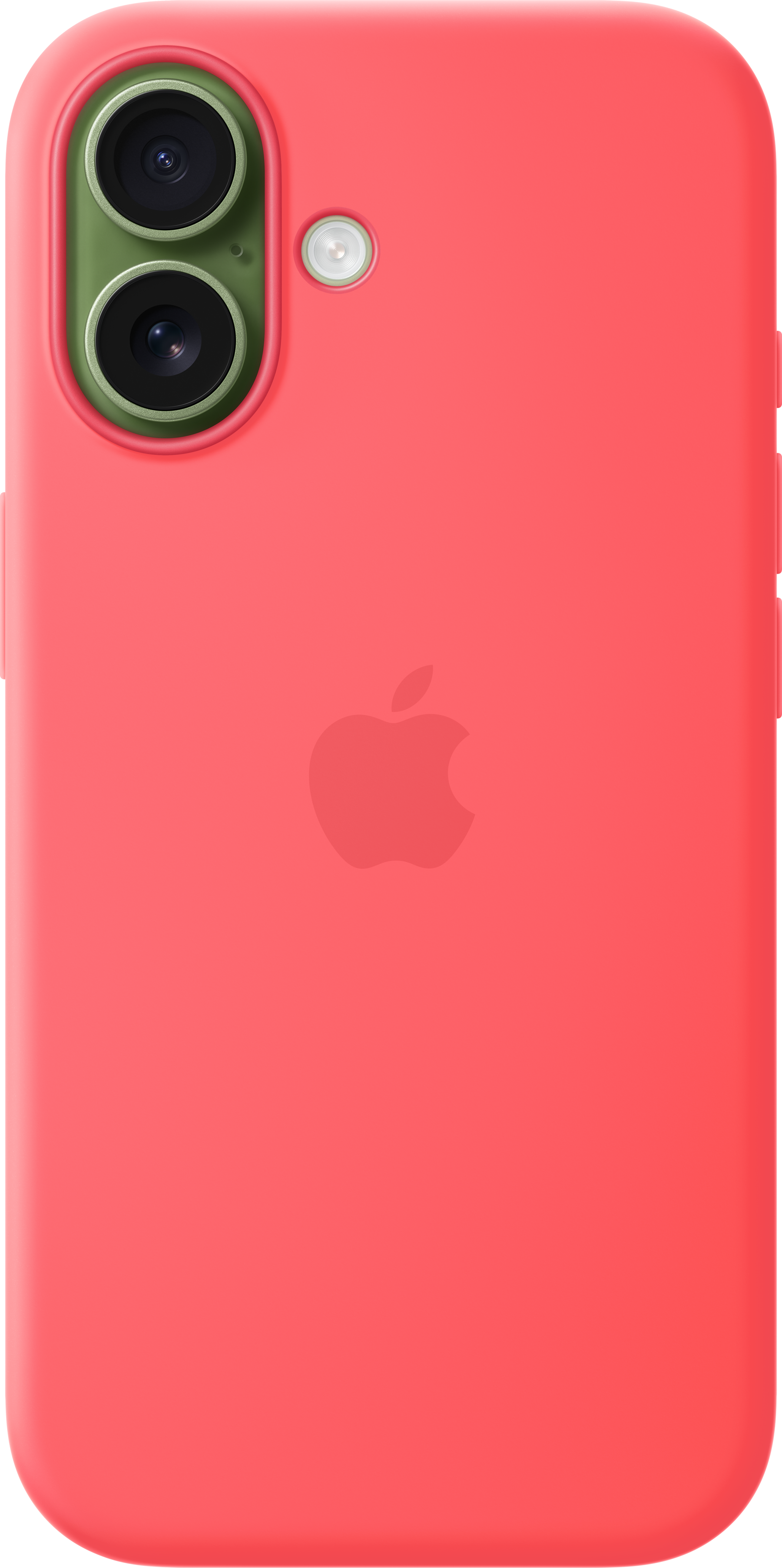 Custodia rossa per telefono con logo Apple e lente verde.