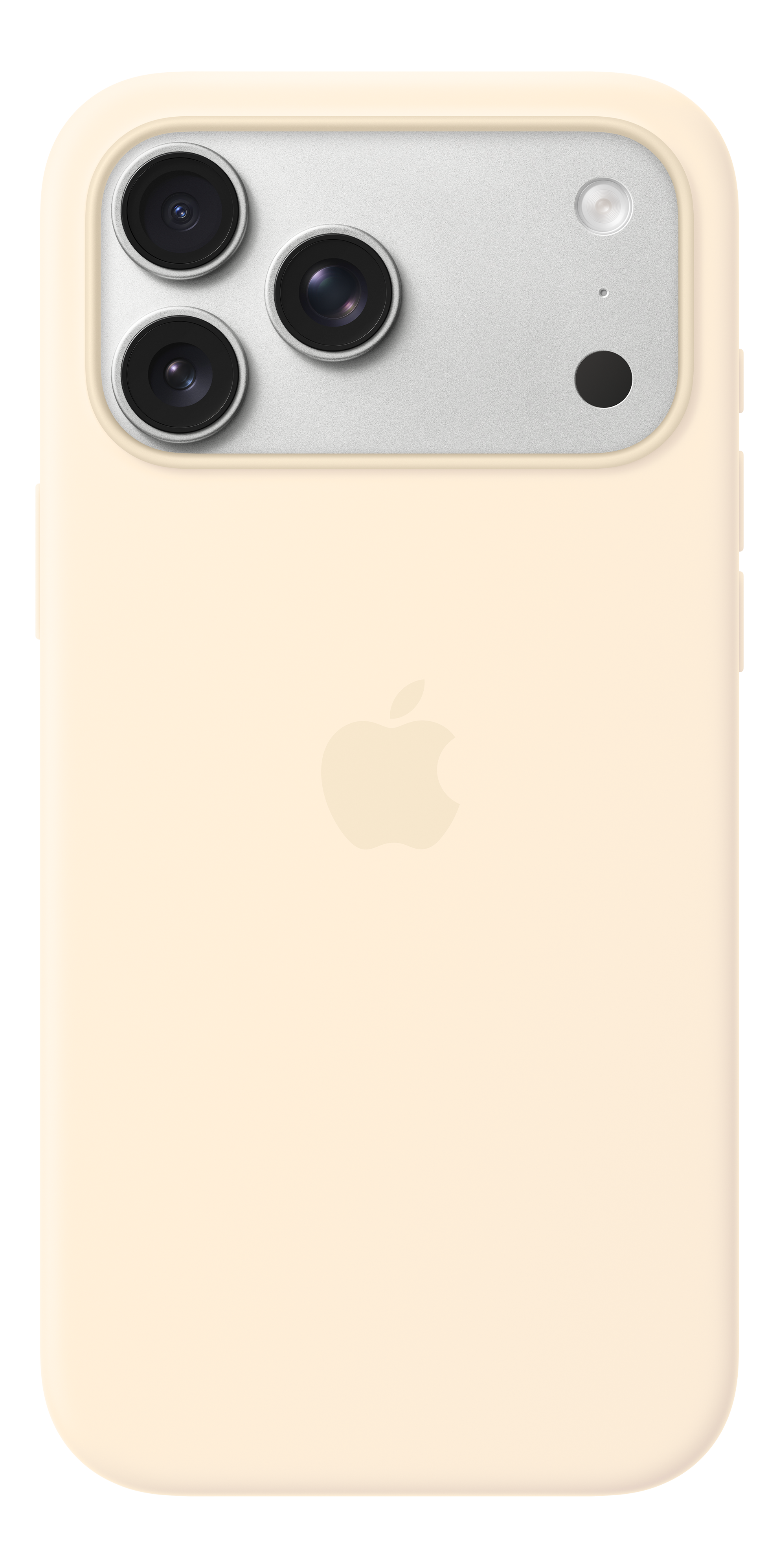 Retro di un iPhone beige chiaro con tre obiettivi della fotocamera e flash.