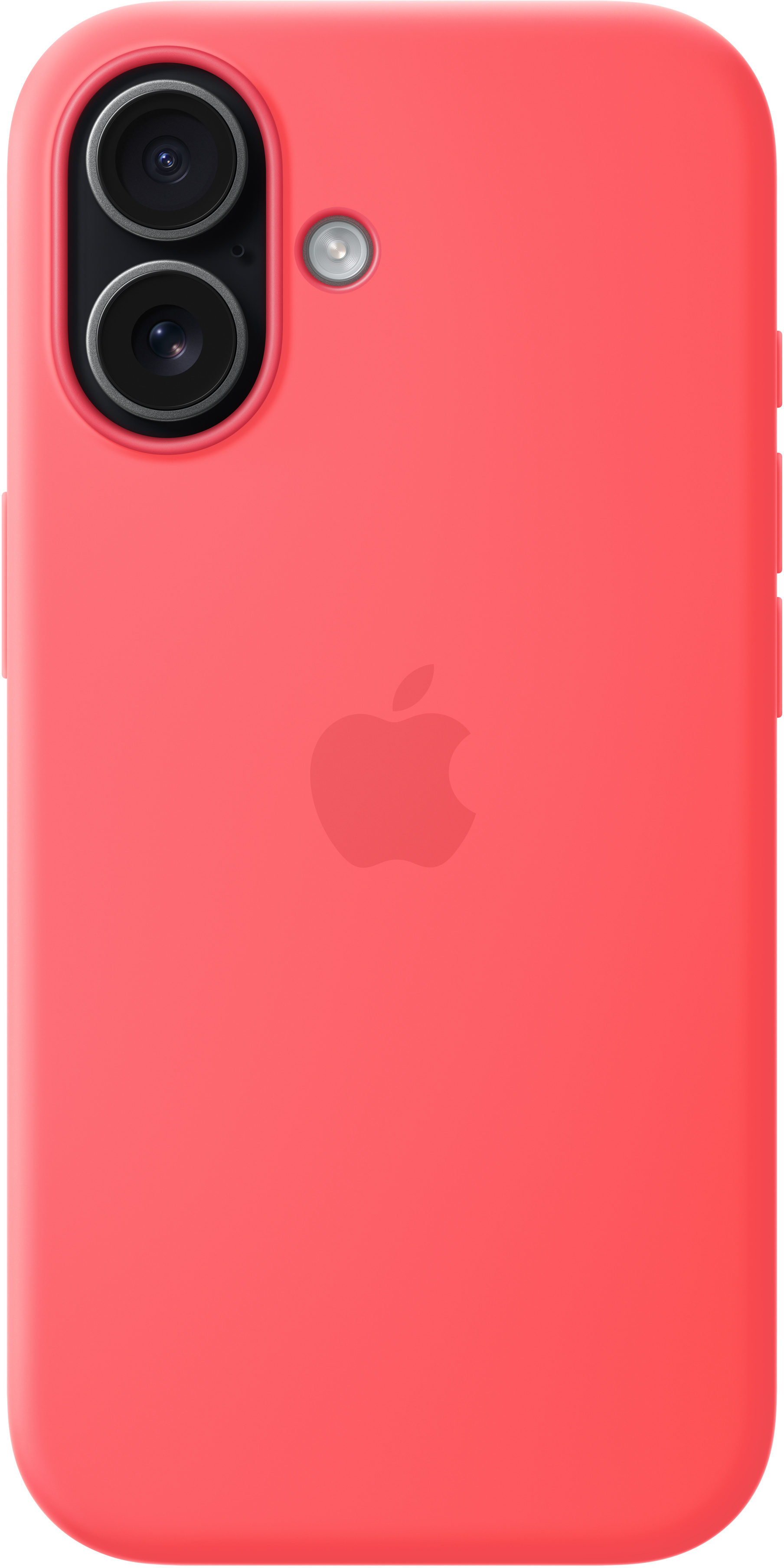 Una cover per telefono color corallo acceso con doppia fotocamera e logo Apple.