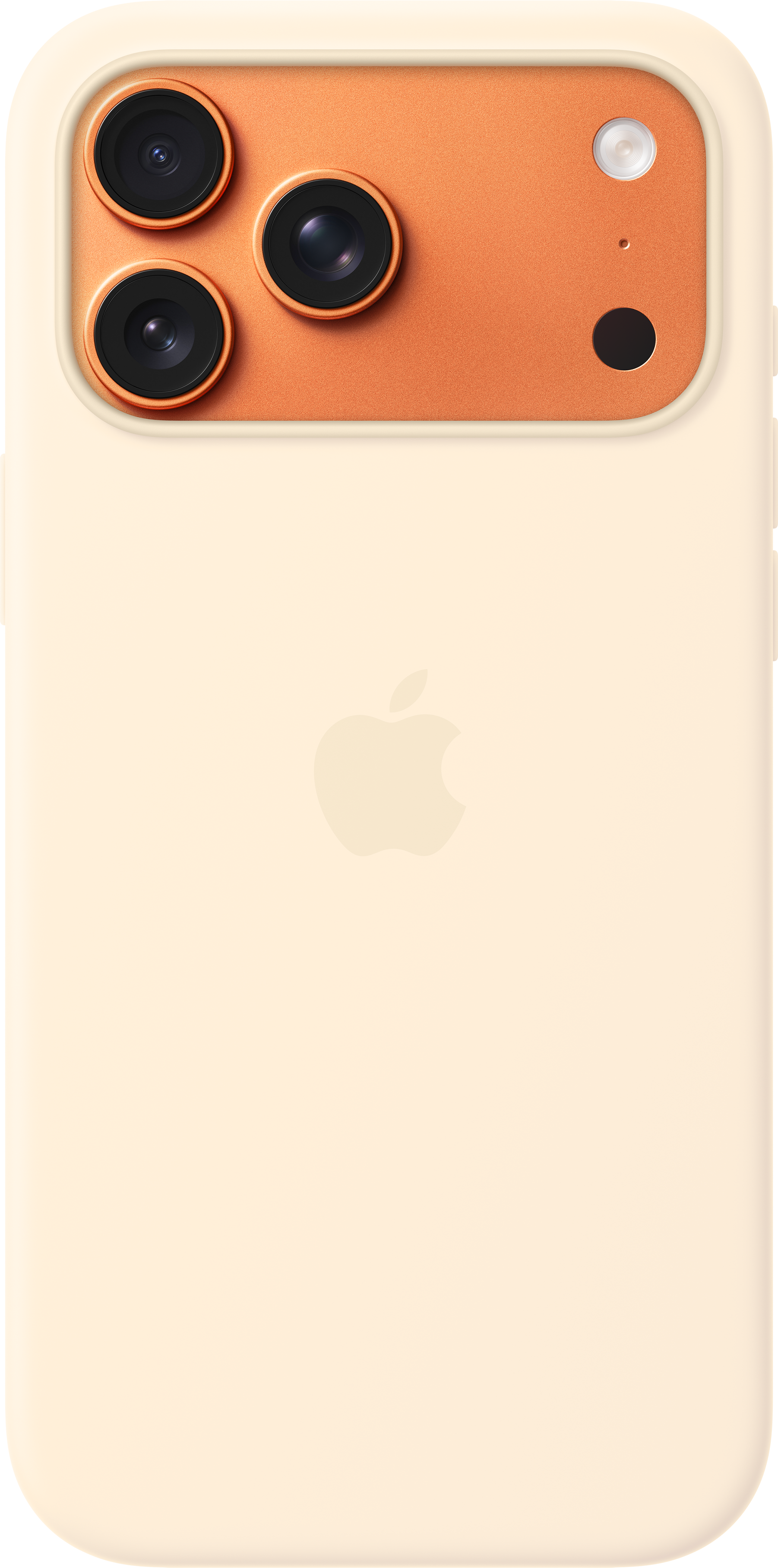 Uno smartphone beige chiaro con modulo fotocamera arancione e tre lenti.