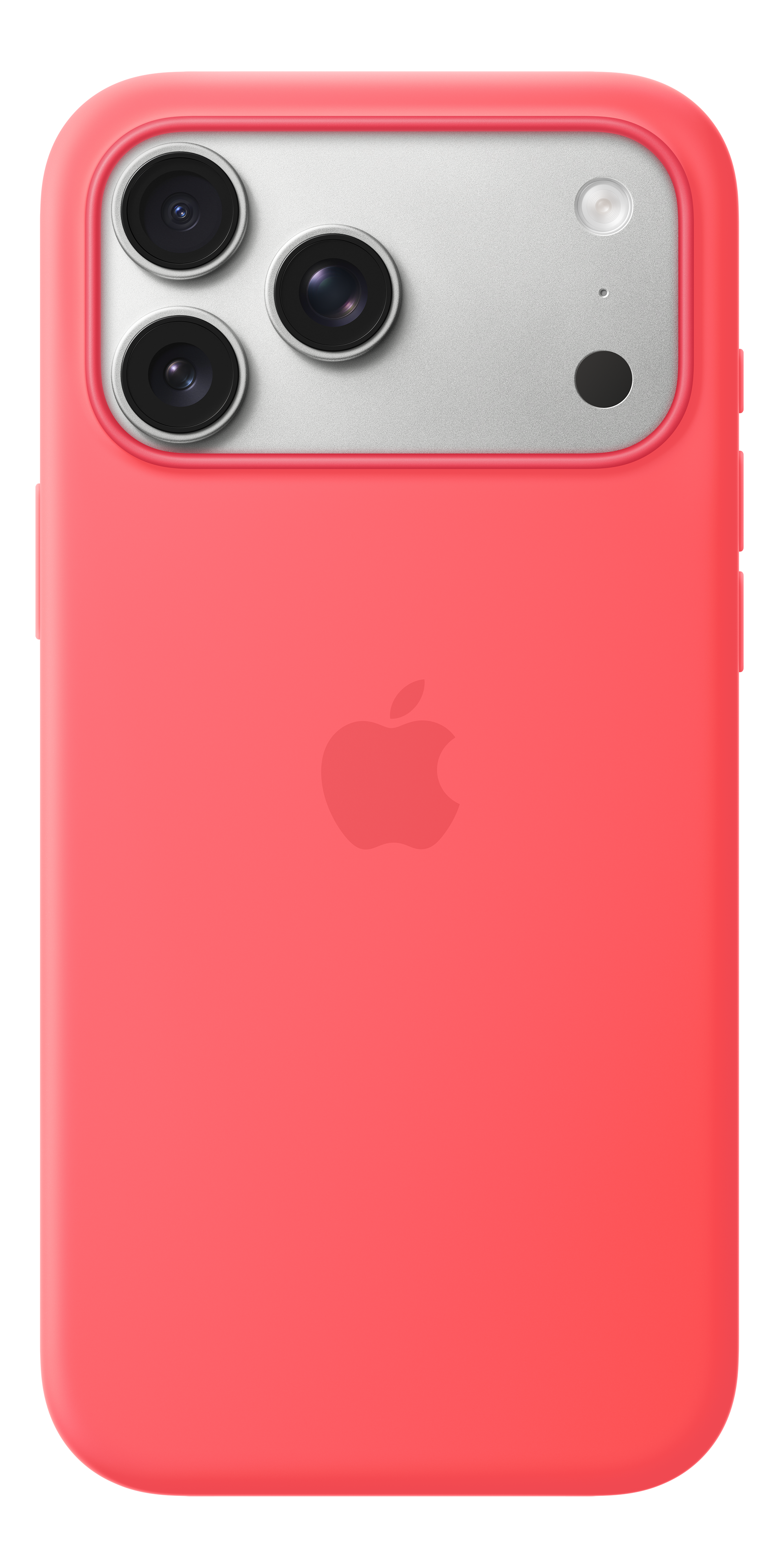 Una custodia rossa per iPhone con logo Apple e tripla fotocamera.