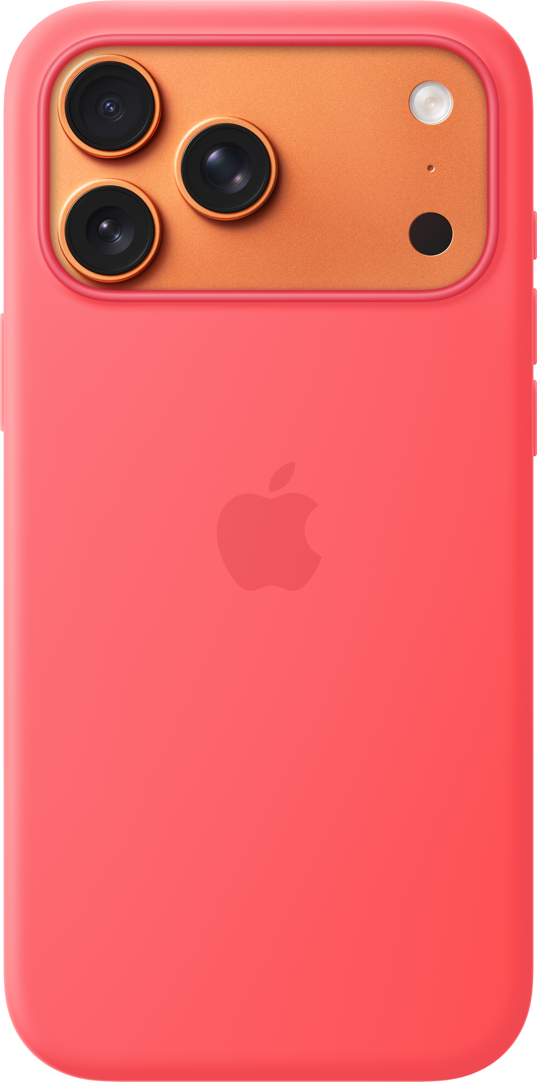 Retro di un iPhone rosso con tre fotocamere e un modulo fotocamera arancione.