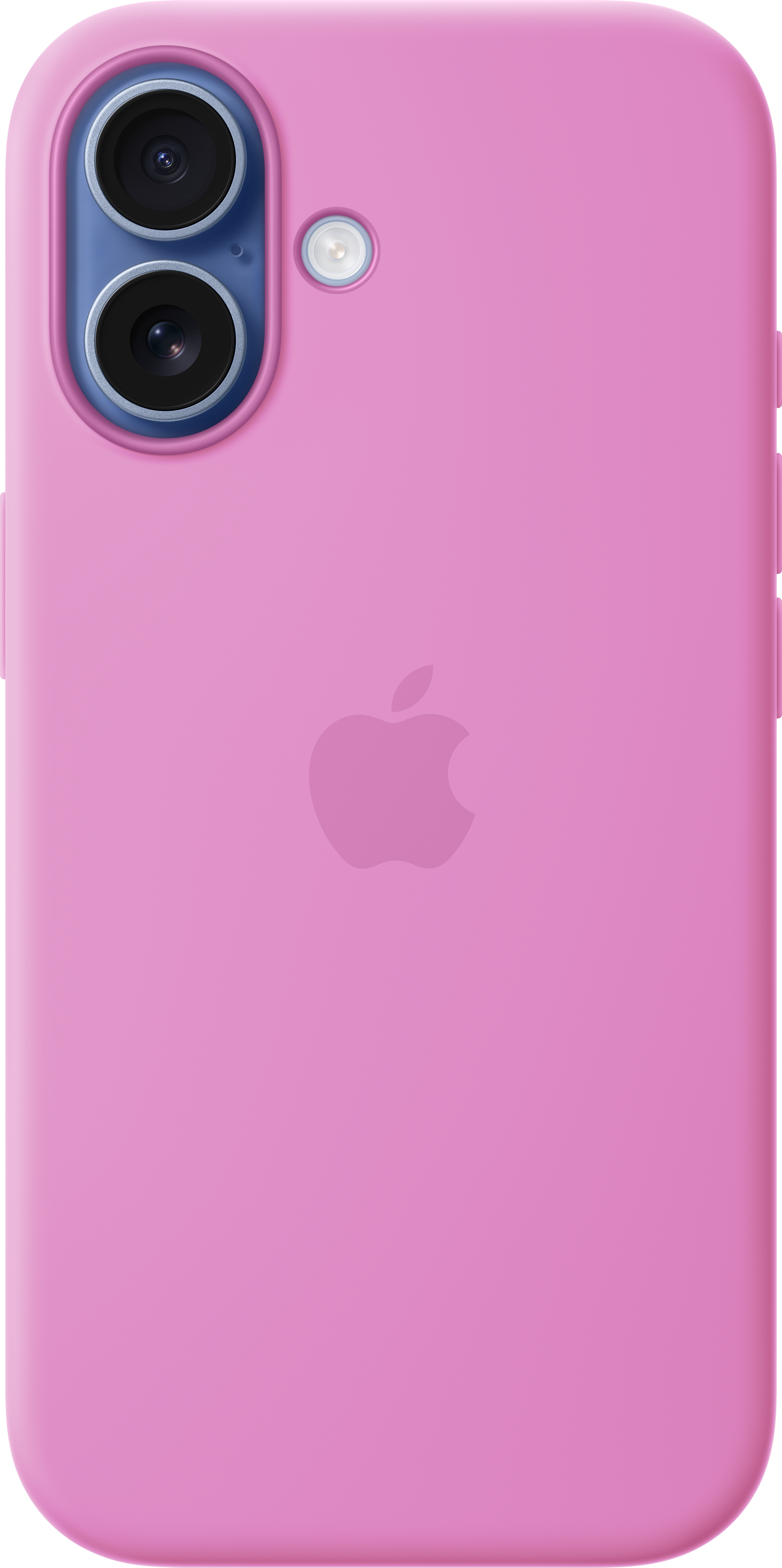 Una cover rosa per telefono con doppia fotocamera e logo Apple.