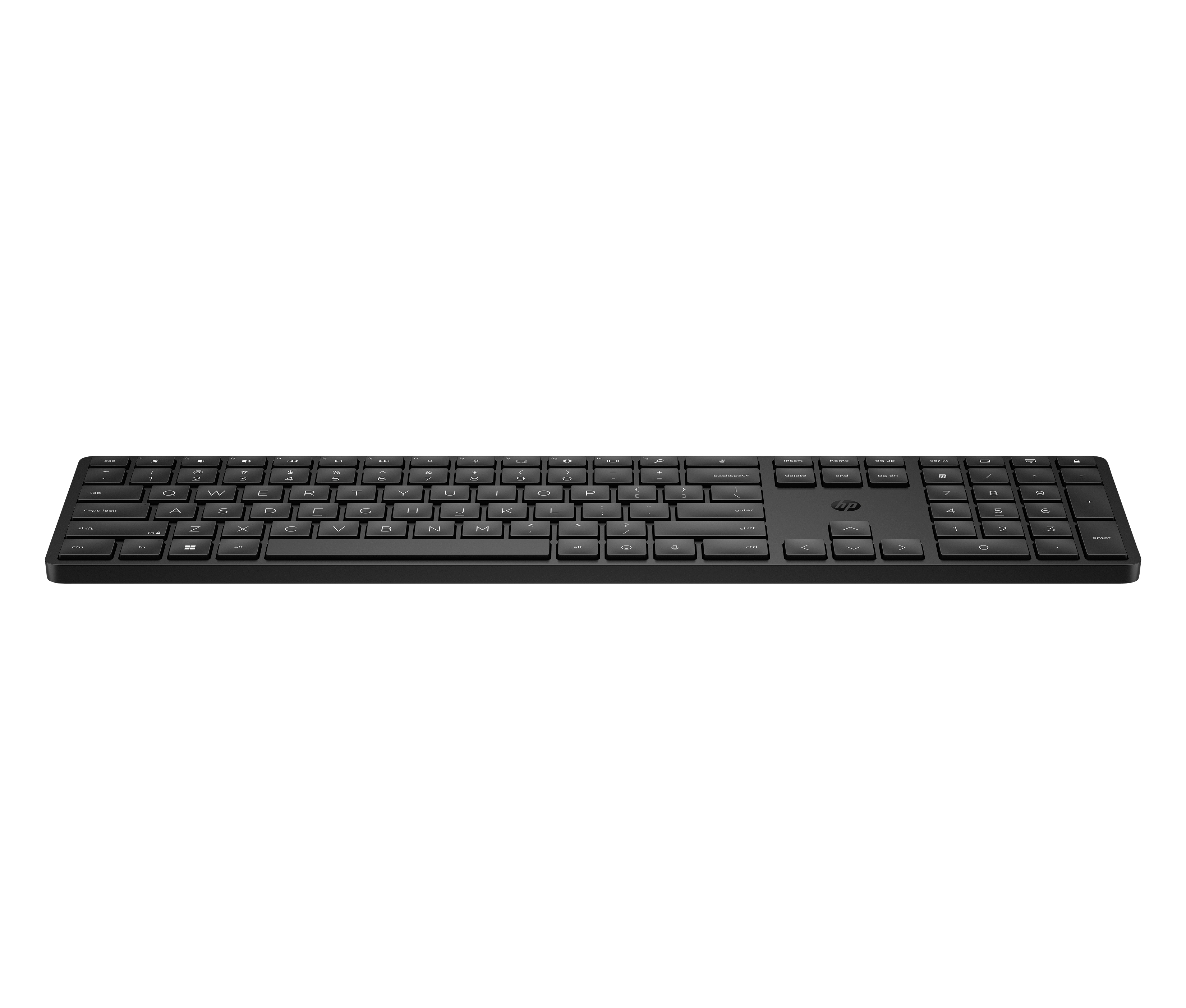Schwarze, flache HP Tastatur mit Ziffernblock und beleuchteten Tasten.