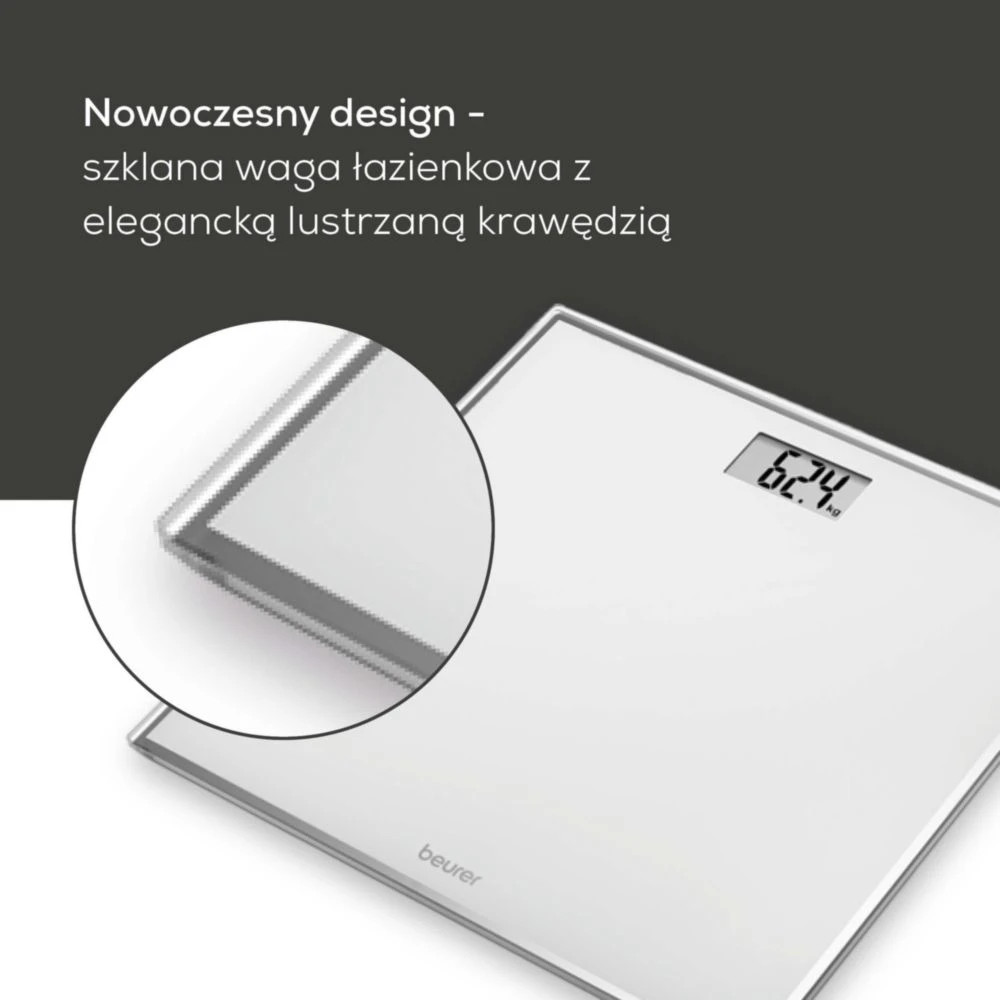 Biała szklana waga z cyfrowym wyświetlaczem 62,4 kg i lustrzaną krawędzią.
