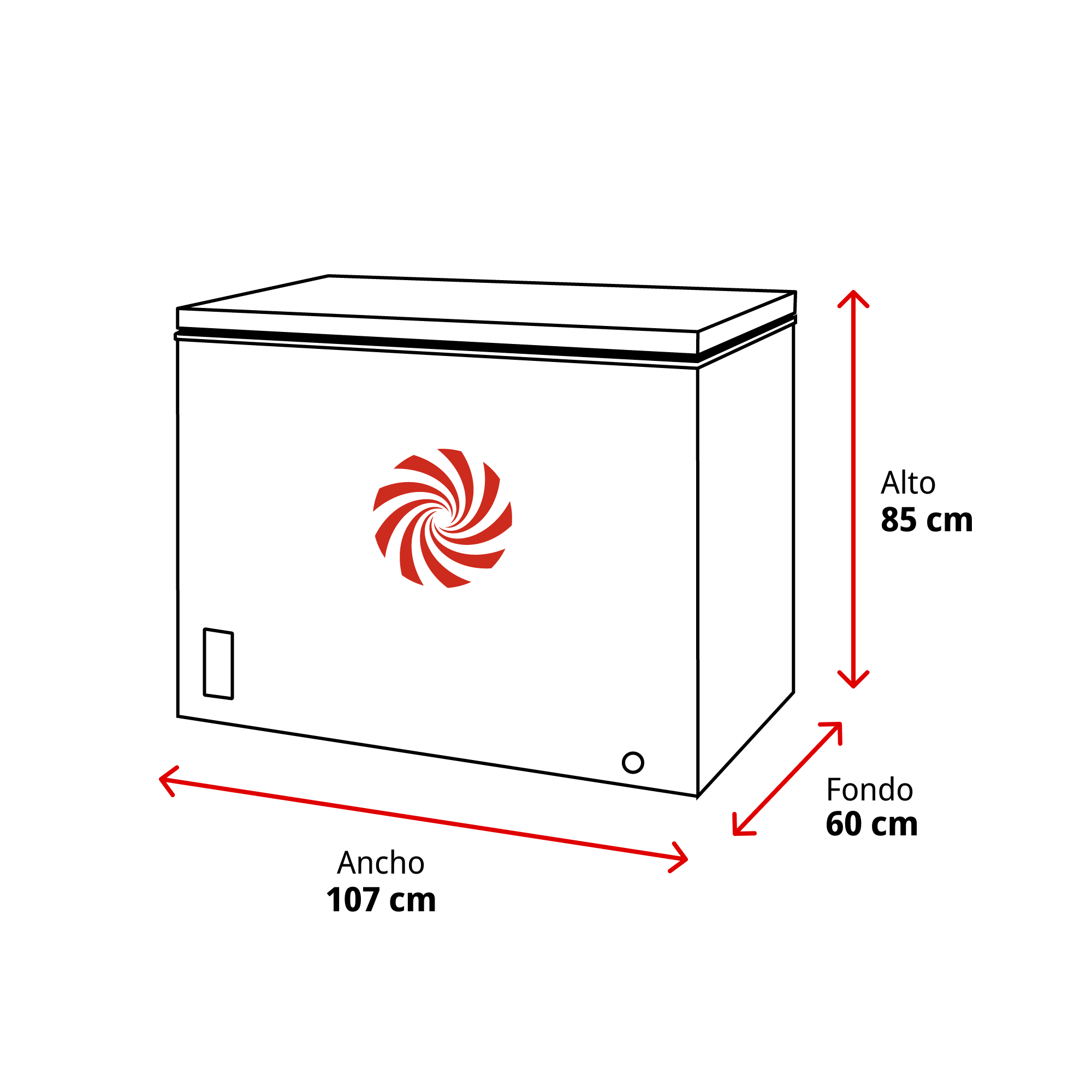 Congelador horizontal blanco con logo rojo espiral. Medidas: 107x85x60cm.
