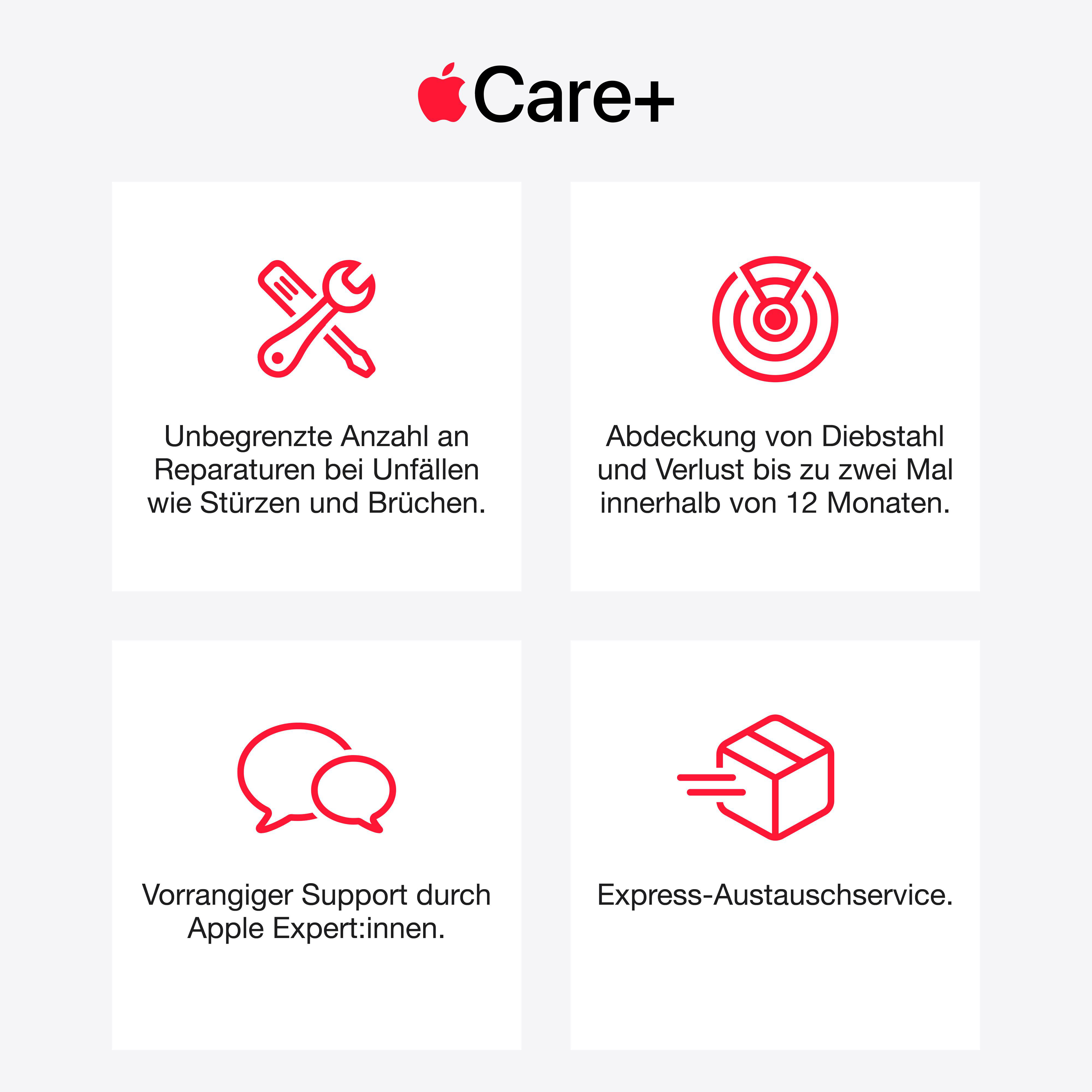 Apple Care+ mit Reparaturen, Diebstahlschutz, Support und Express-Austausch.