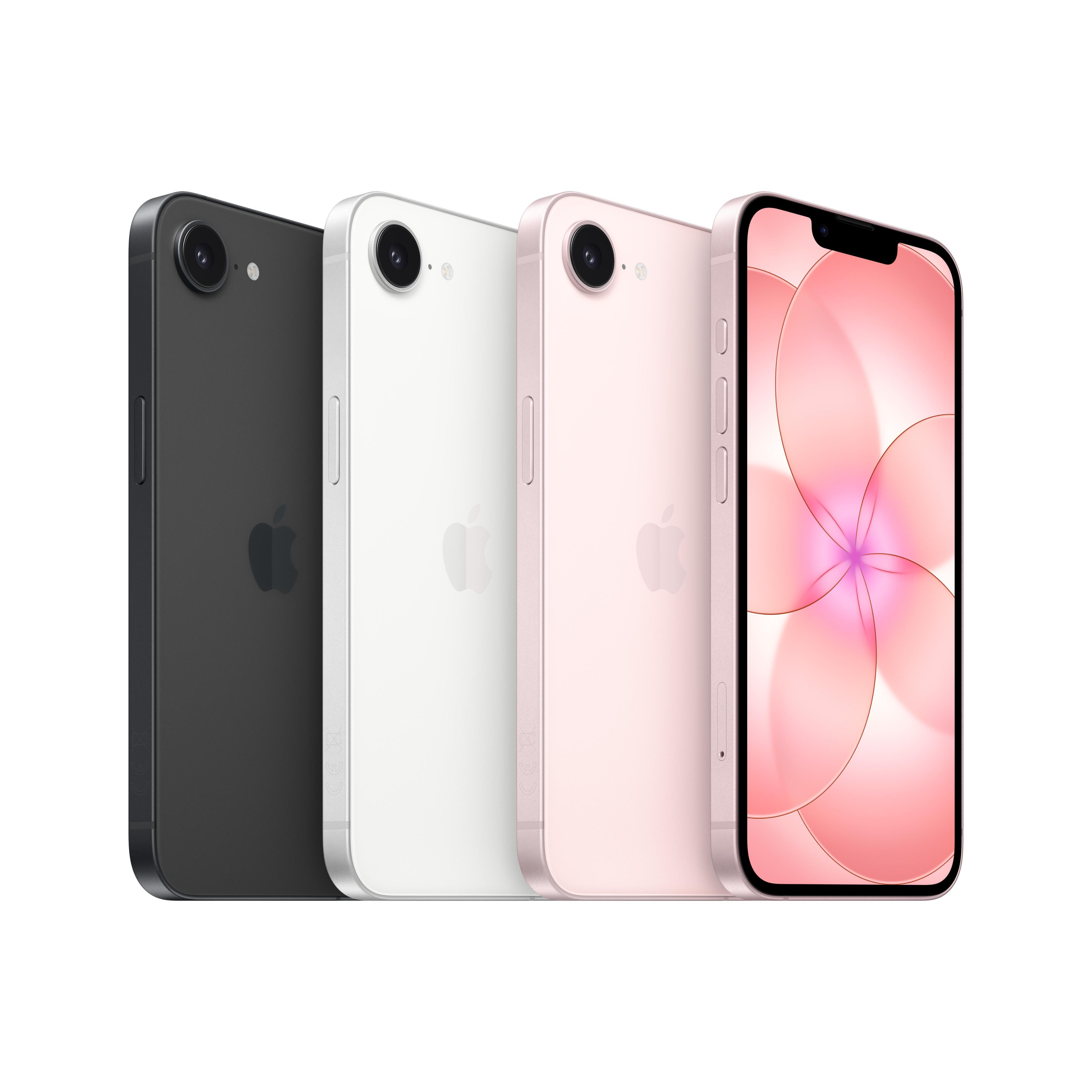 Drei iPhones in Schwarz, Weiß und Rosa nebeneinander auf weißem Grund.