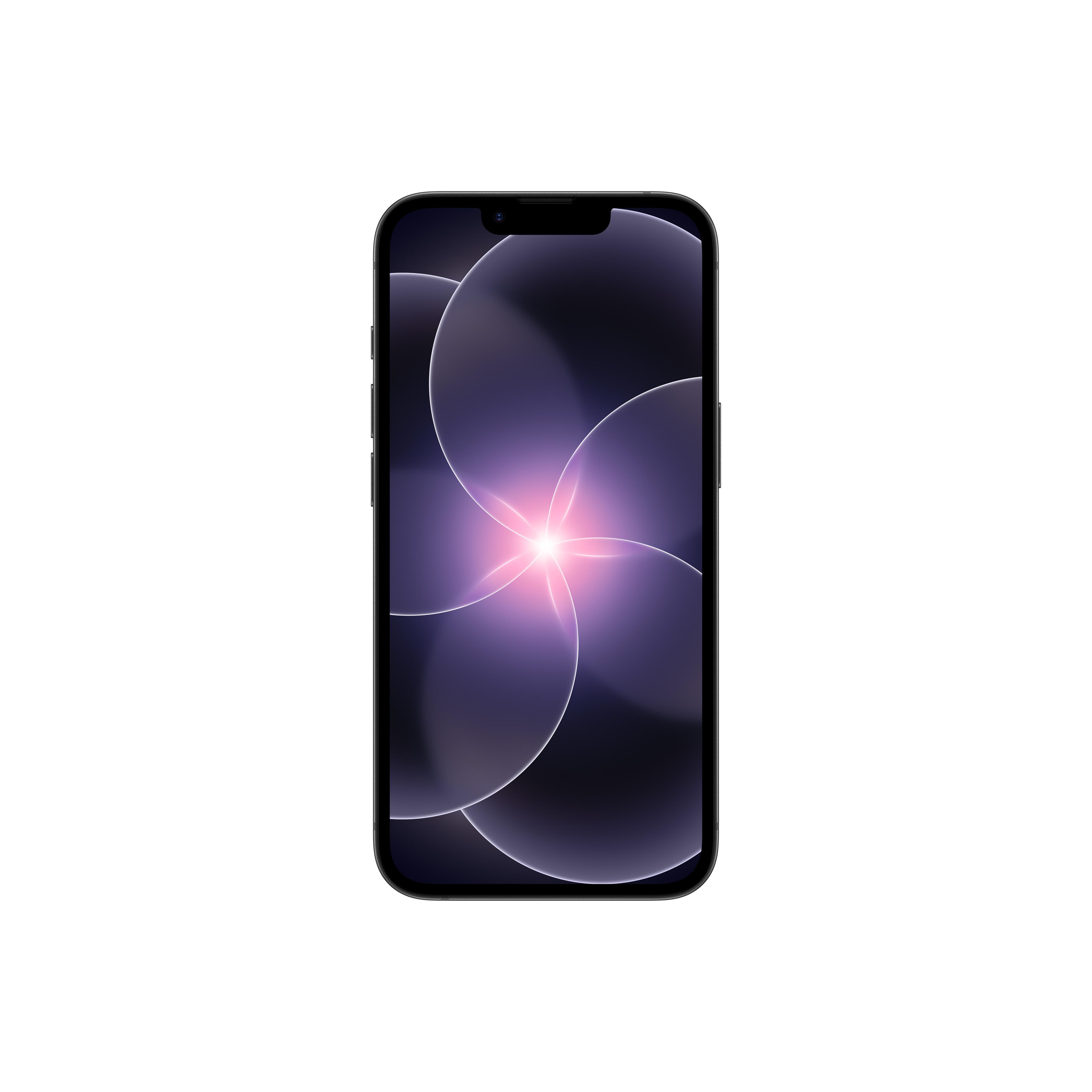 Ein schwarzes Smartphone mit einem lila, leuchtenden Hintergrundbild.