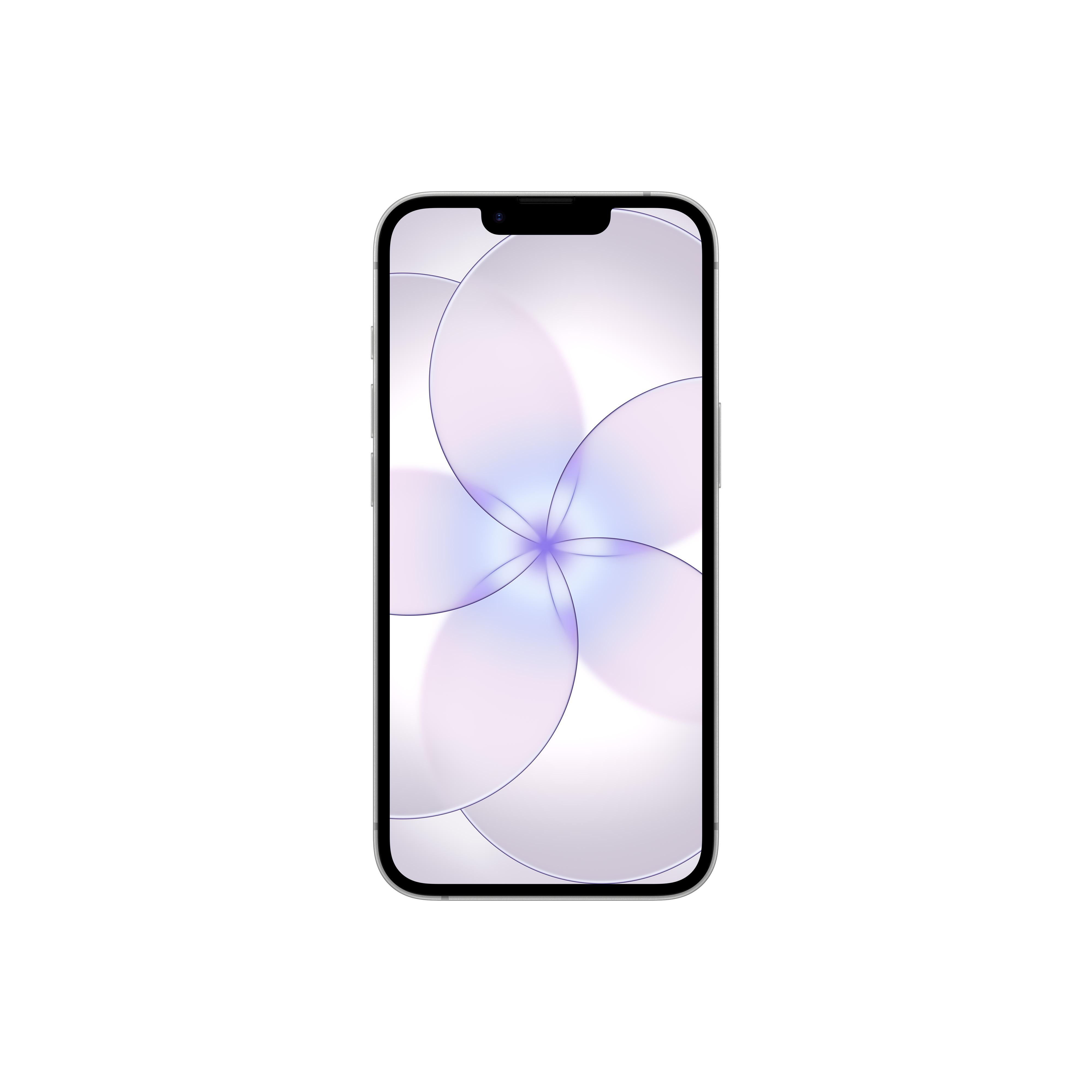 Ein silbernes Smartphone mit einem abstrakten, lila-weißen Hintergrundbild.