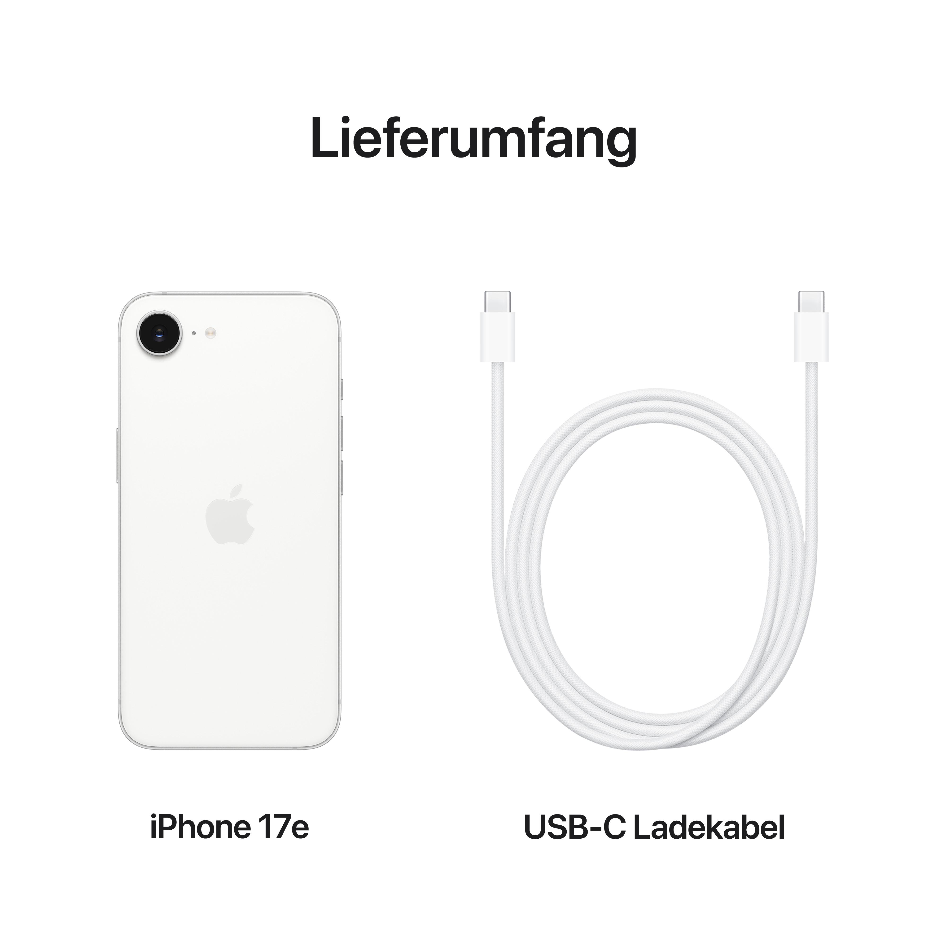 Ein weißes iPhone 17e und ein weißes USB-C Ladekabel.