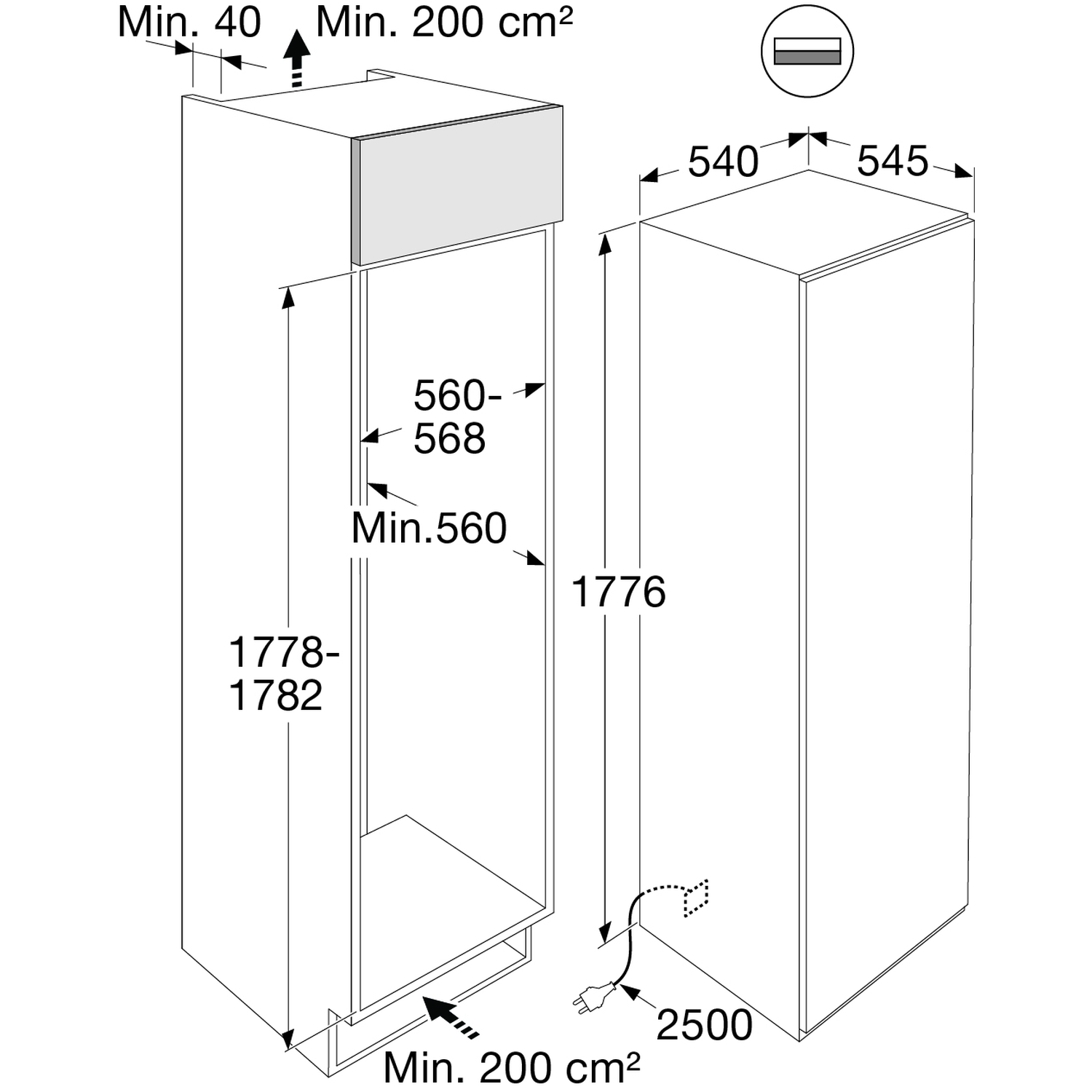 Diagram shows dimensions for a built-in appliance. Min. 40cm top, 200cm² bottom space.