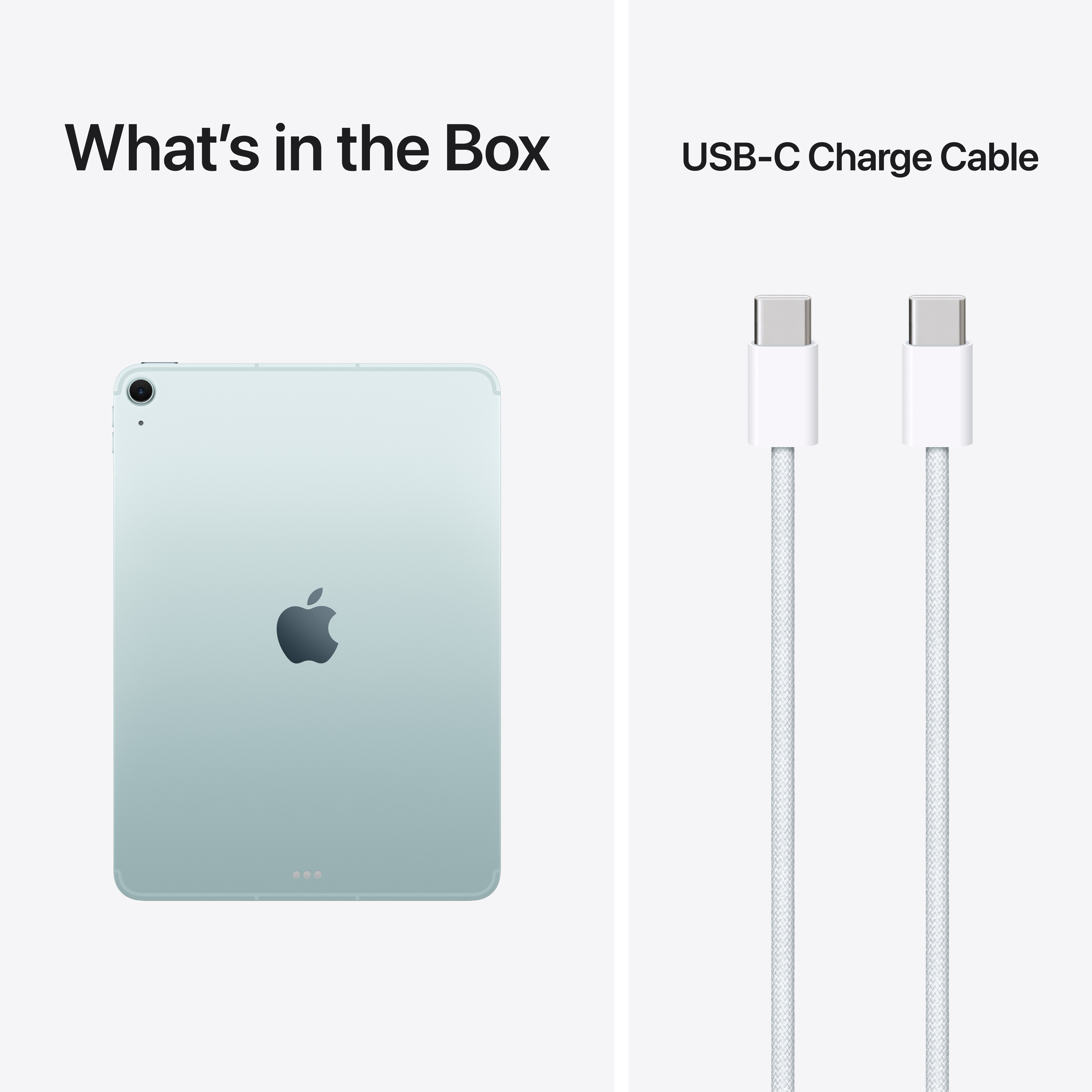 Ein hellgrünes iPad Air und zwei weiße USB-C-Ladekabel.