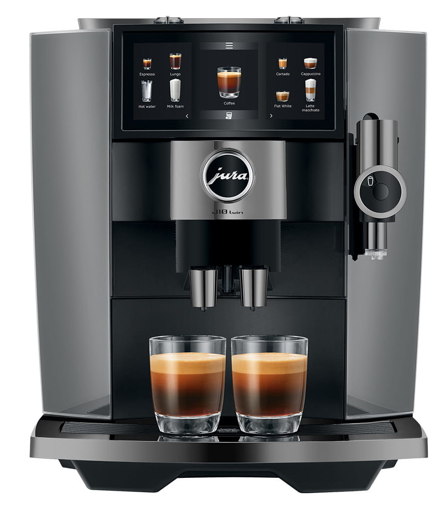 Ekspres do kawy Jura z dwoma szklankami espresso i menu dotykowym.