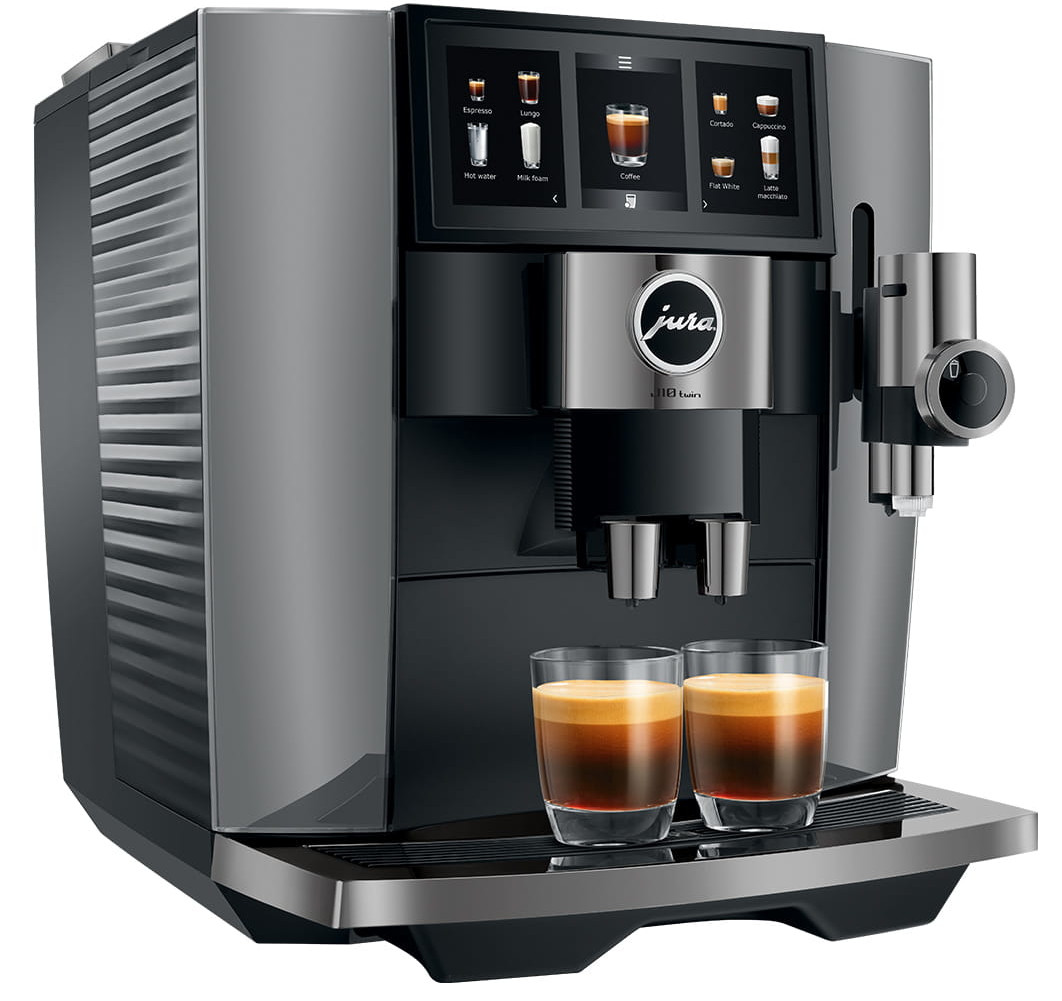 Nowoczesny ekspres do kawy z dwoma szklankami espresso.