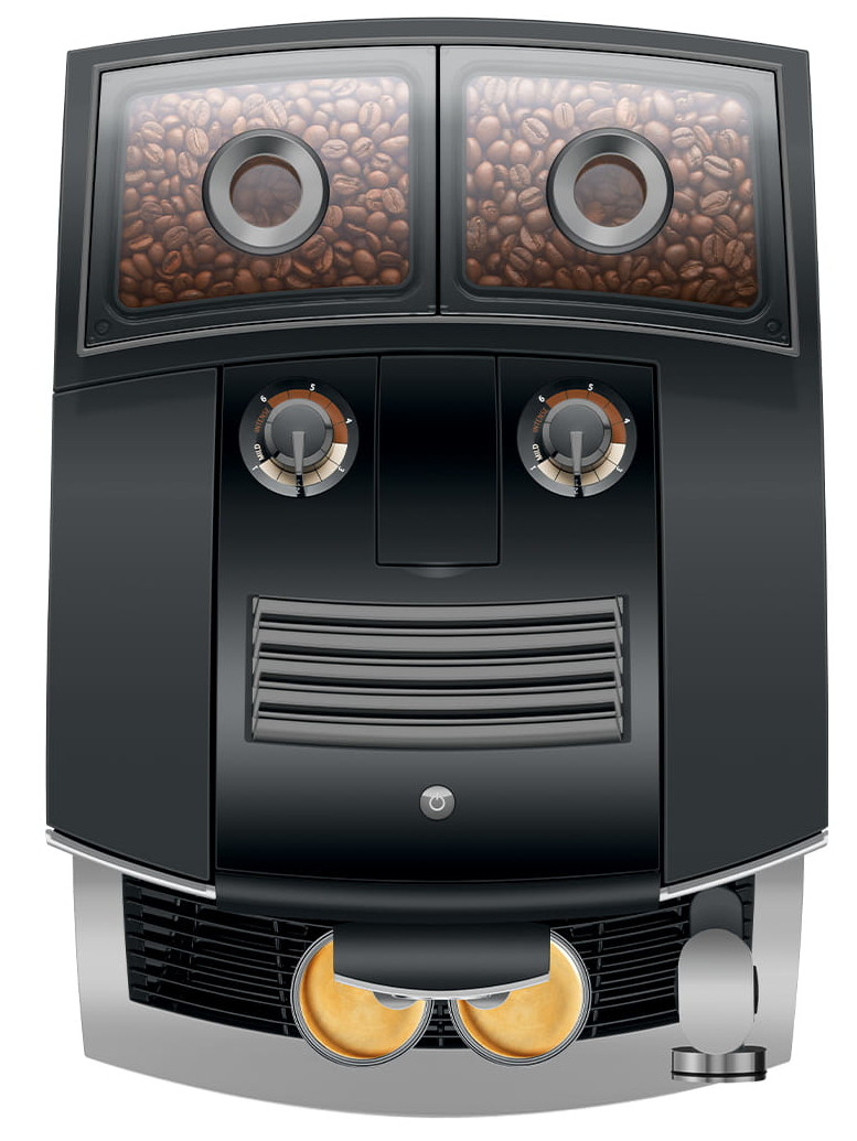 Czarny ekspres do kawy z dwoma pojemnikami na ziarna na górze i dwoma filiżankami poniżej.