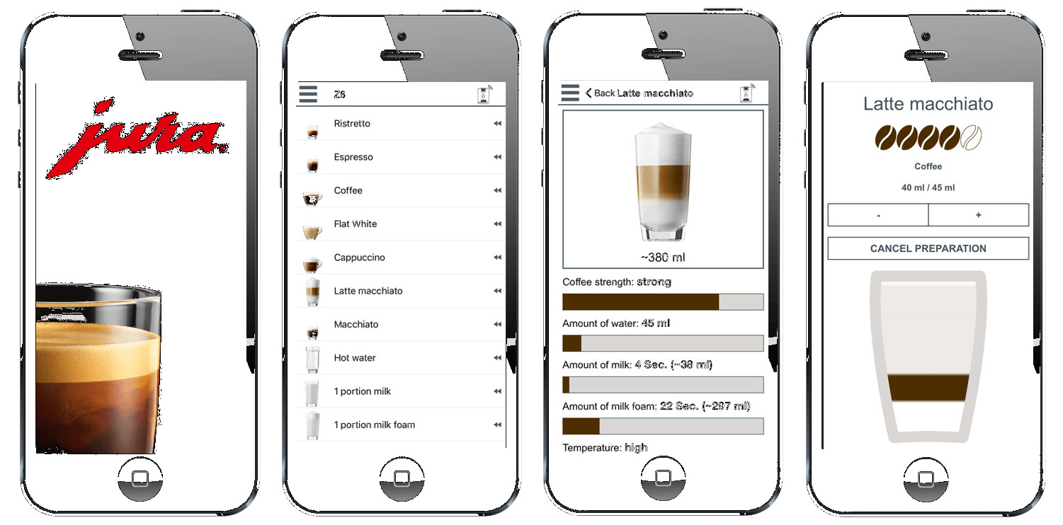 Cztery ekrany iPhone pokazują aplikację kawową z menu, szczegółami przepisów i opcjami.