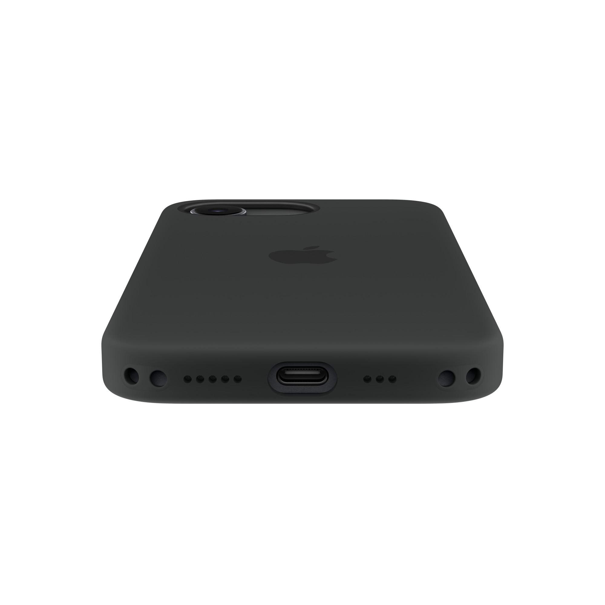 Schwarze Handyhülle mit Apple-Logo und Ladeanschluss.