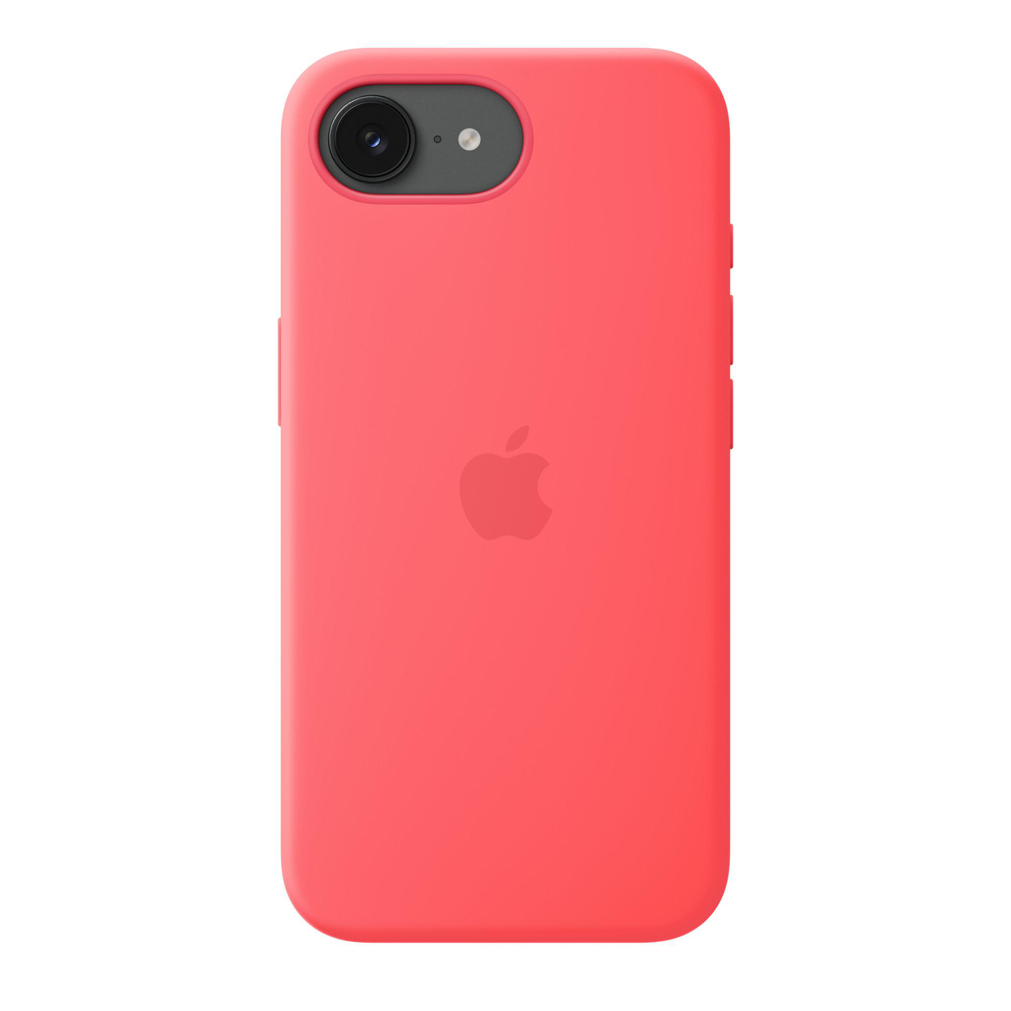 Ein korallenrotes Handycase mit Apple-Logo und Kameraloch.