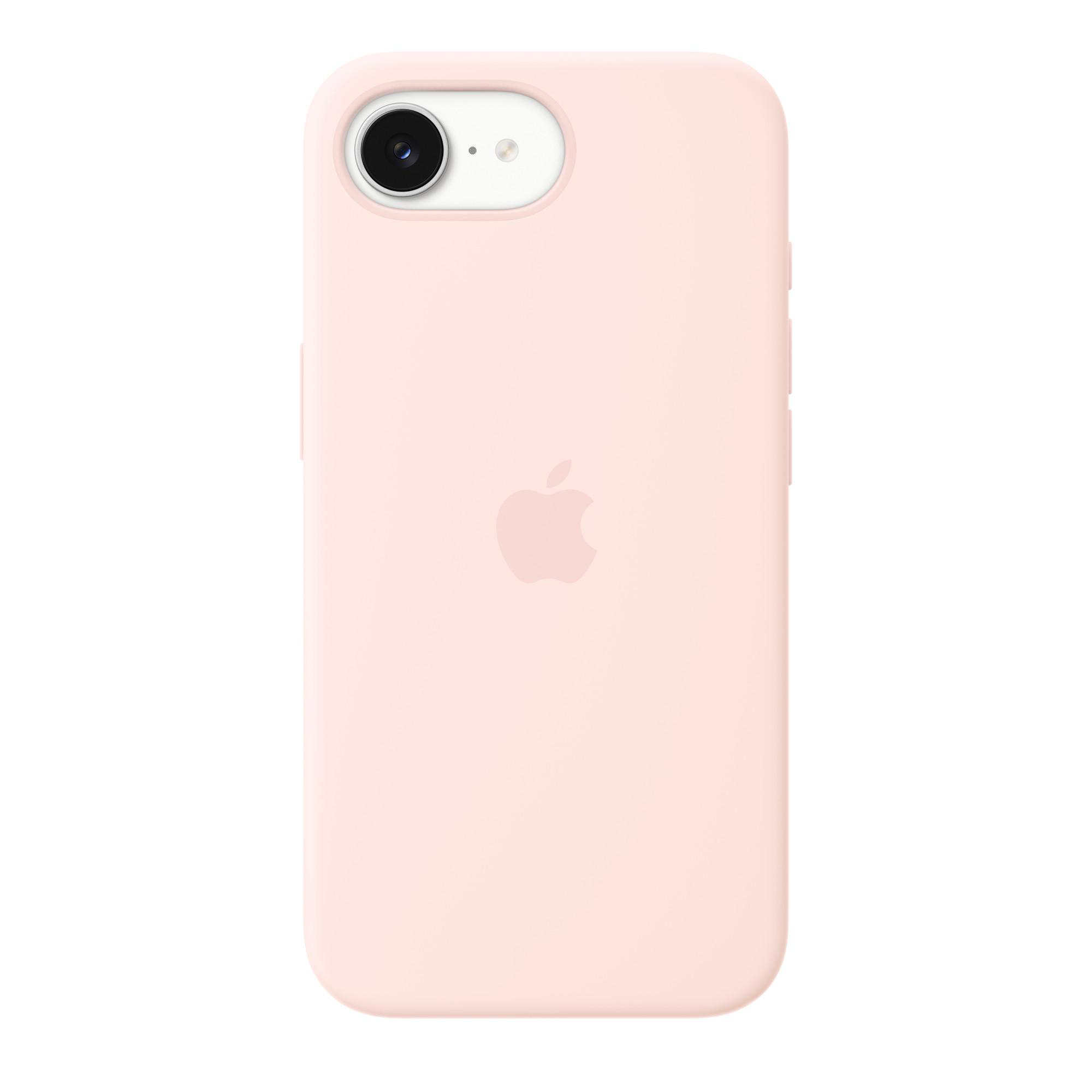 Eine rosafarbene Handyhülle mit einem Apple-Logo und einer Kameraaussparung.