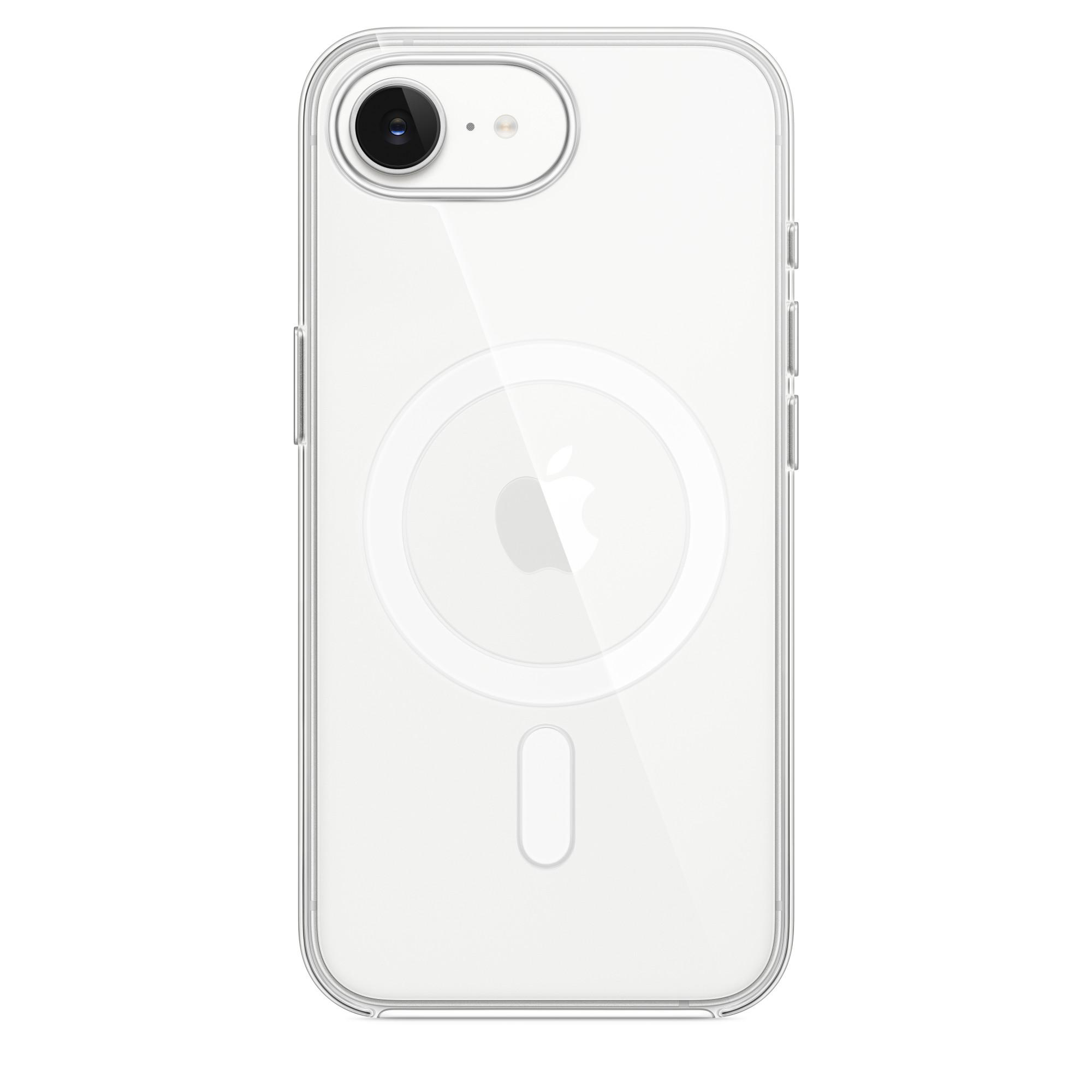 Transparente Handyhülle mit Apple-Logo und MagSafe-Kreis.