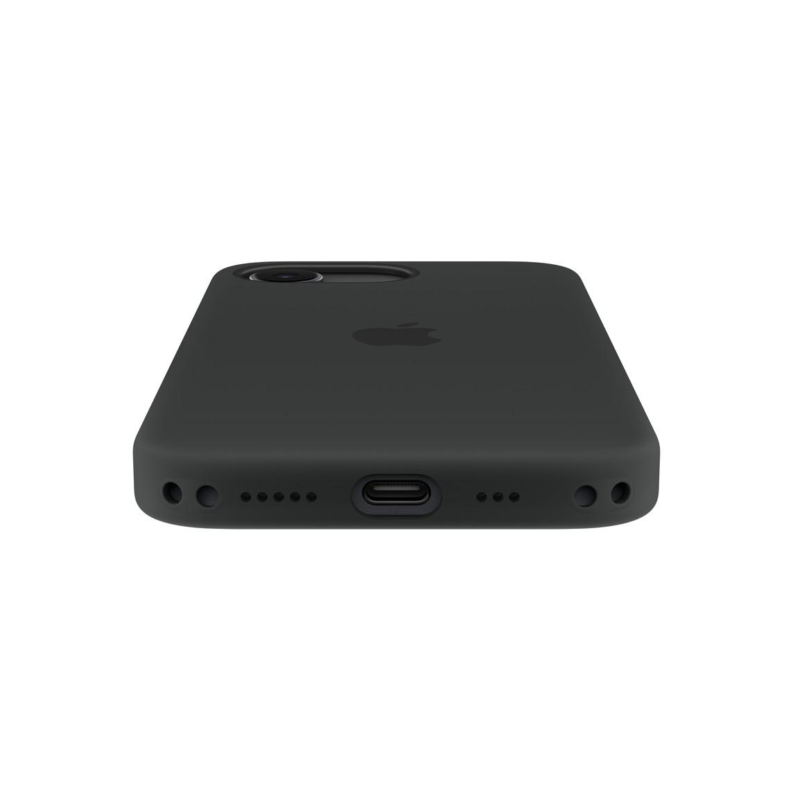Schwarze iPhone-Hülle mit Apple-Logo, Ladeanschluss und Lautsprecheröffnungen.