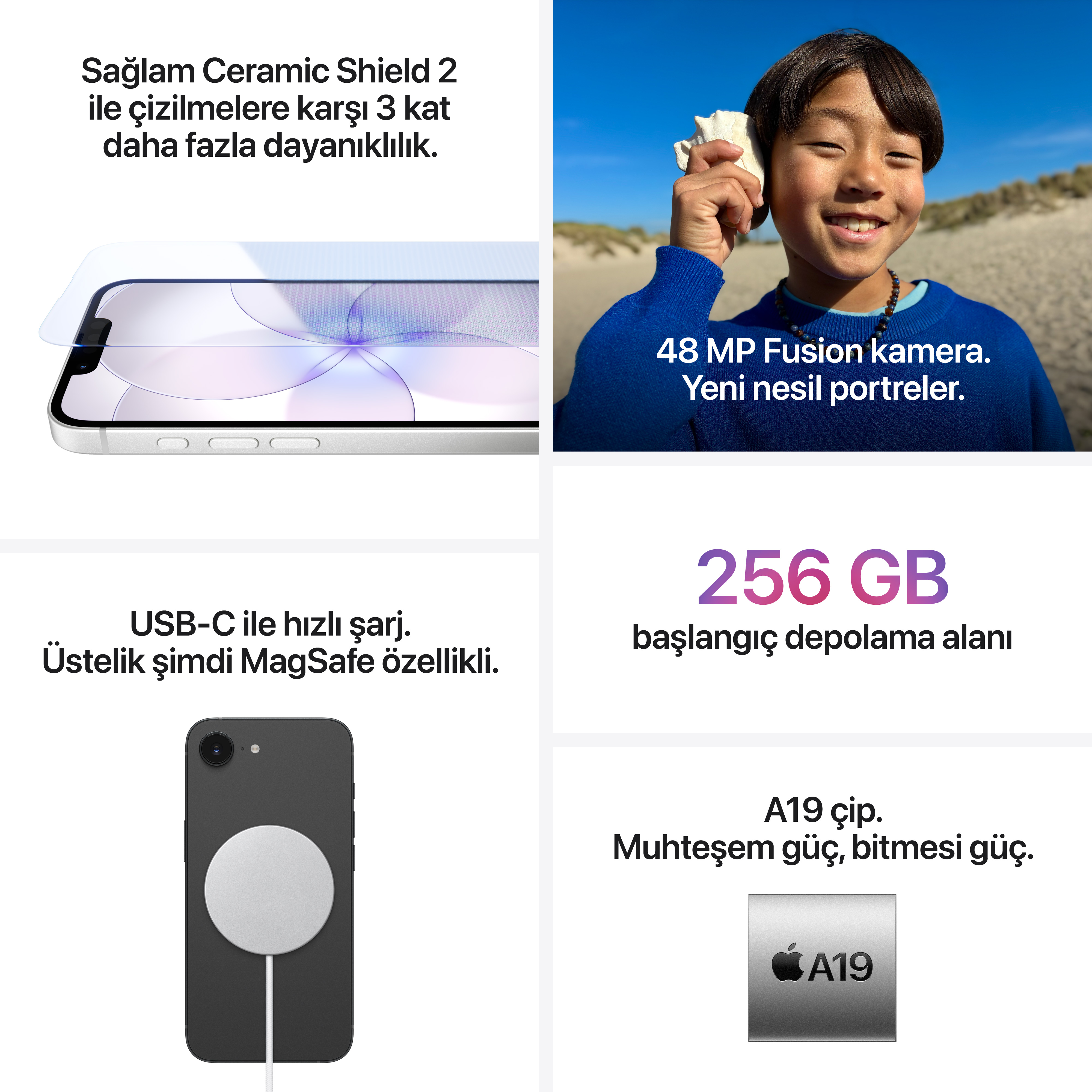 Bir çocuk deniz kabuğunu kulağına tutuyor. Ceramic Shield'lı iPhone. MagSafe şarj özelliği.