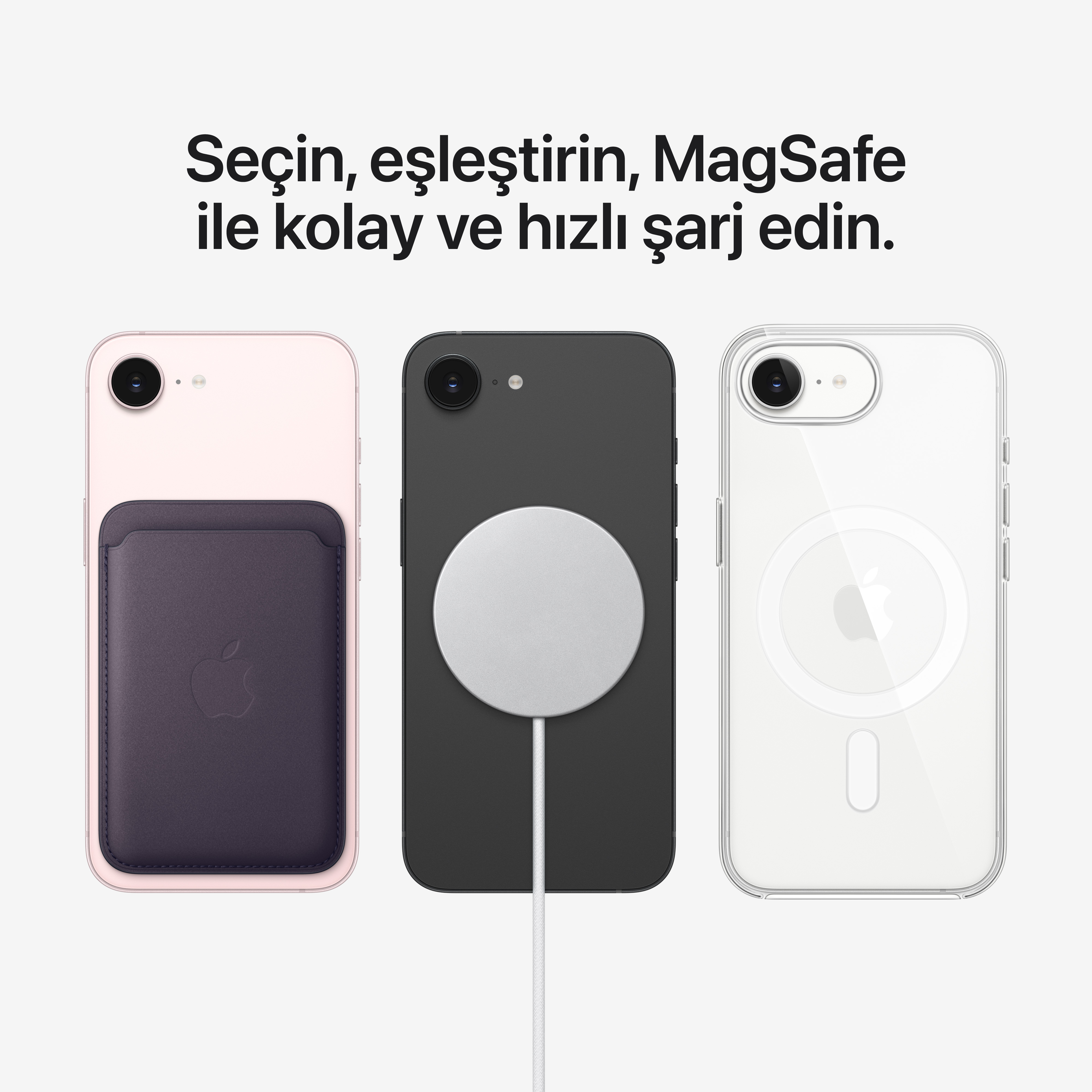 Üç iPhone: Koyu kılıflı pembe, şarj cihazlı siyah, logolu şeffaf.