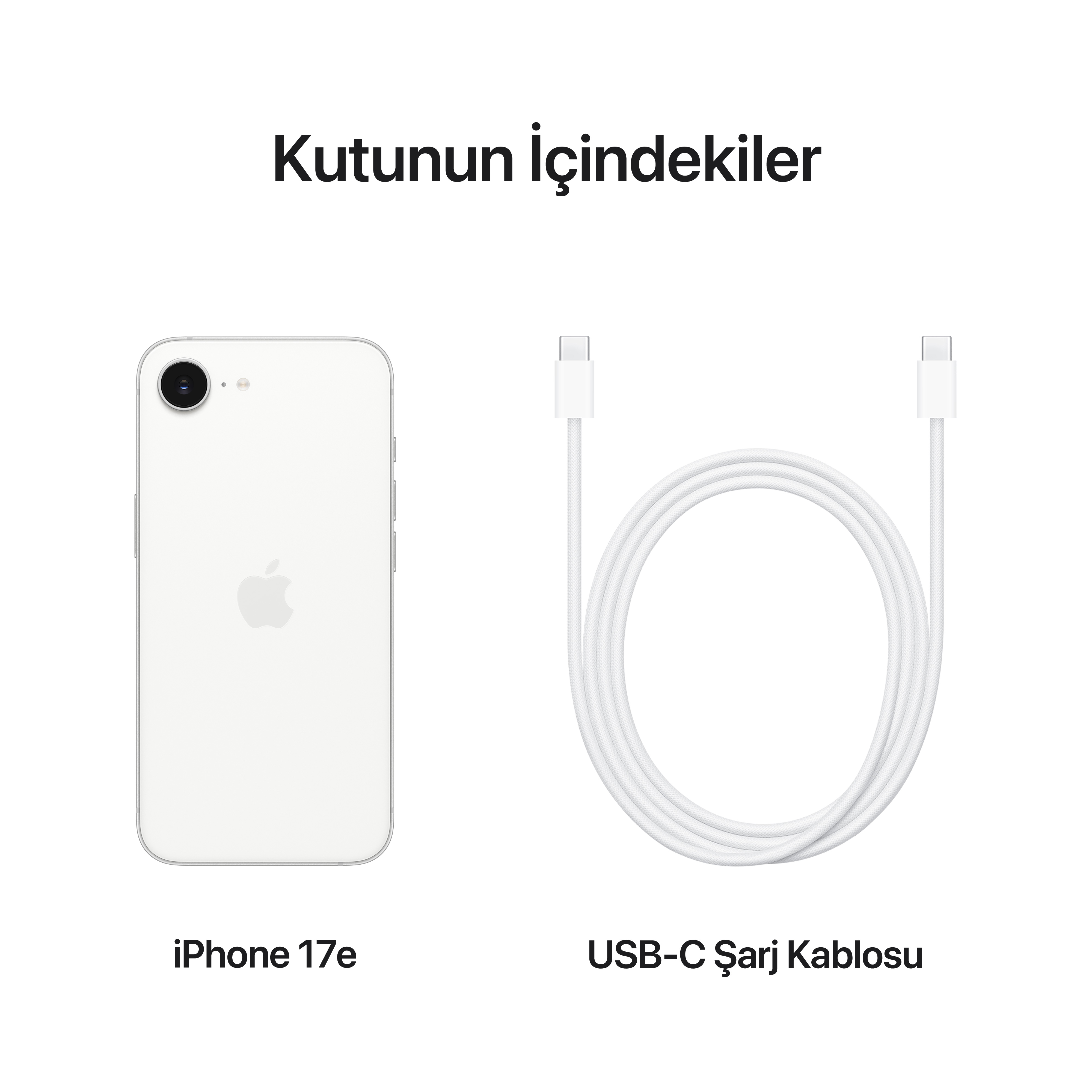 Beyaz iPhone ve beyaz USB-C şarj kablosu beyaz zeminde.
