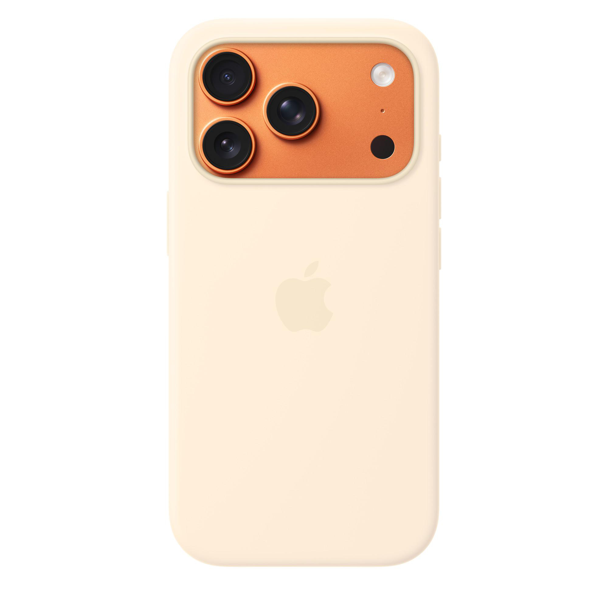 Ein hellbeiges iPhone mit dreifacher Kamera und orangefarbenem Kamerabereich.