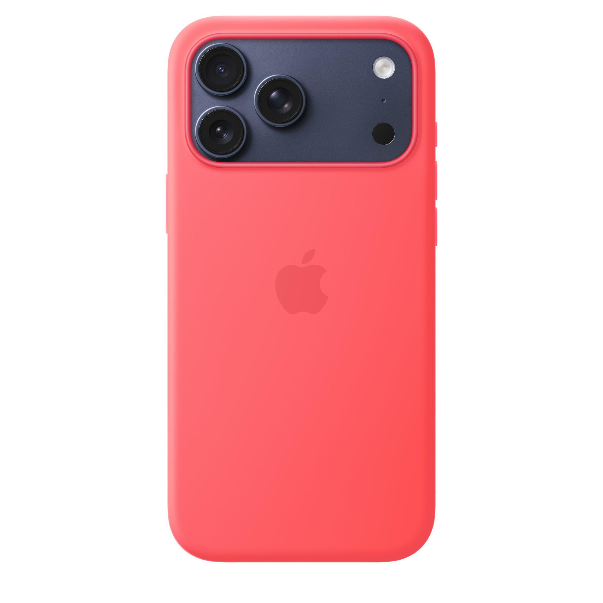 Rote Hülle für iPhone mit drei Kameras und Apple-Logo.