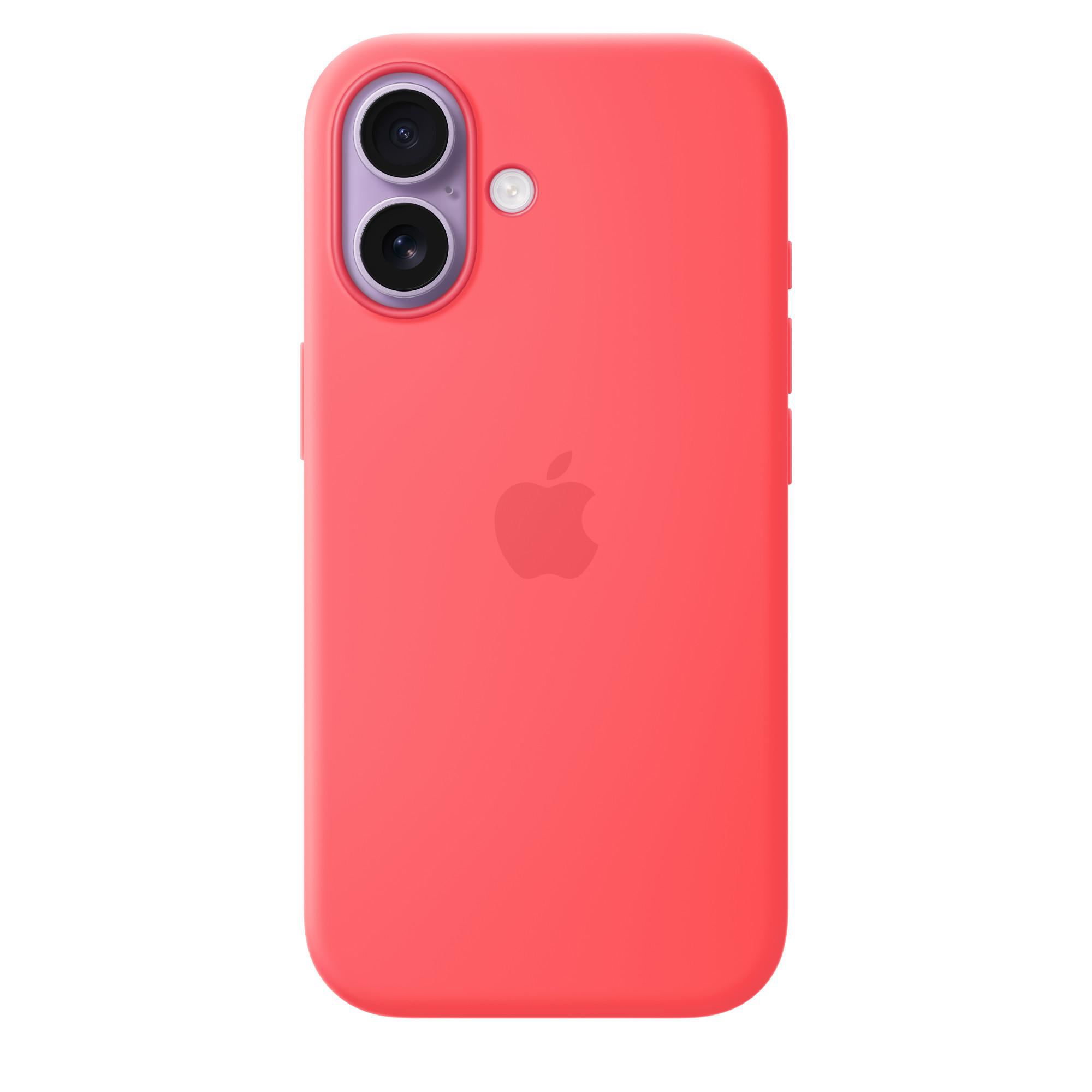 Korallenrotes iPhone-Case mit Apple-Logo und zwei Kameras.