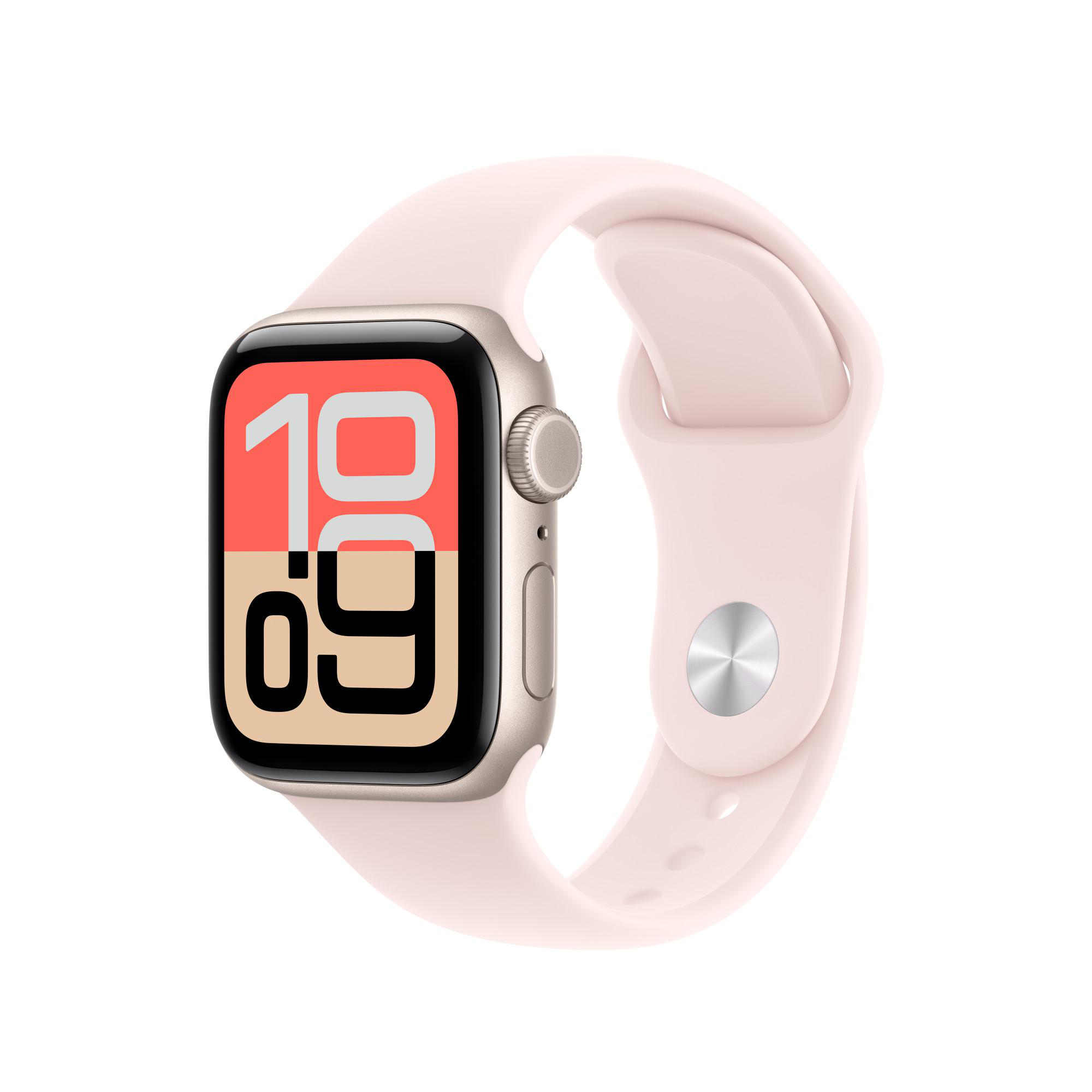 Eine rosafarbene Smartwatch mit silbernem Gehäuse und einem Zifferblatt, das 10:09 anzeigt.